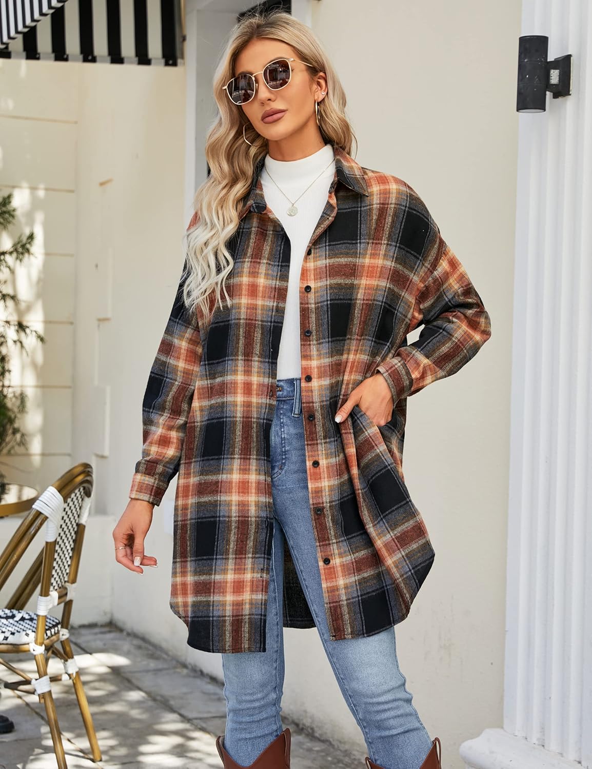Blooming Jelly Women's Button Down Flannel Shirts Plaid Shacket Long Sleeve Collared Long Jacket Coats - Image 2