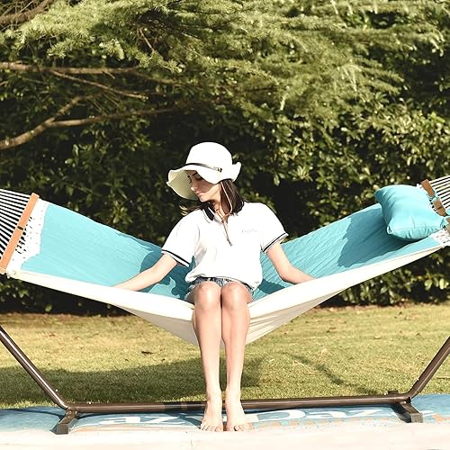 Miniatura 8 de Lazy Daze Hammocks Hamaca de tela acolchada con barra separadora, hamaca doble para 2 personas con almohada y cadenas, hamaca para exteriores,