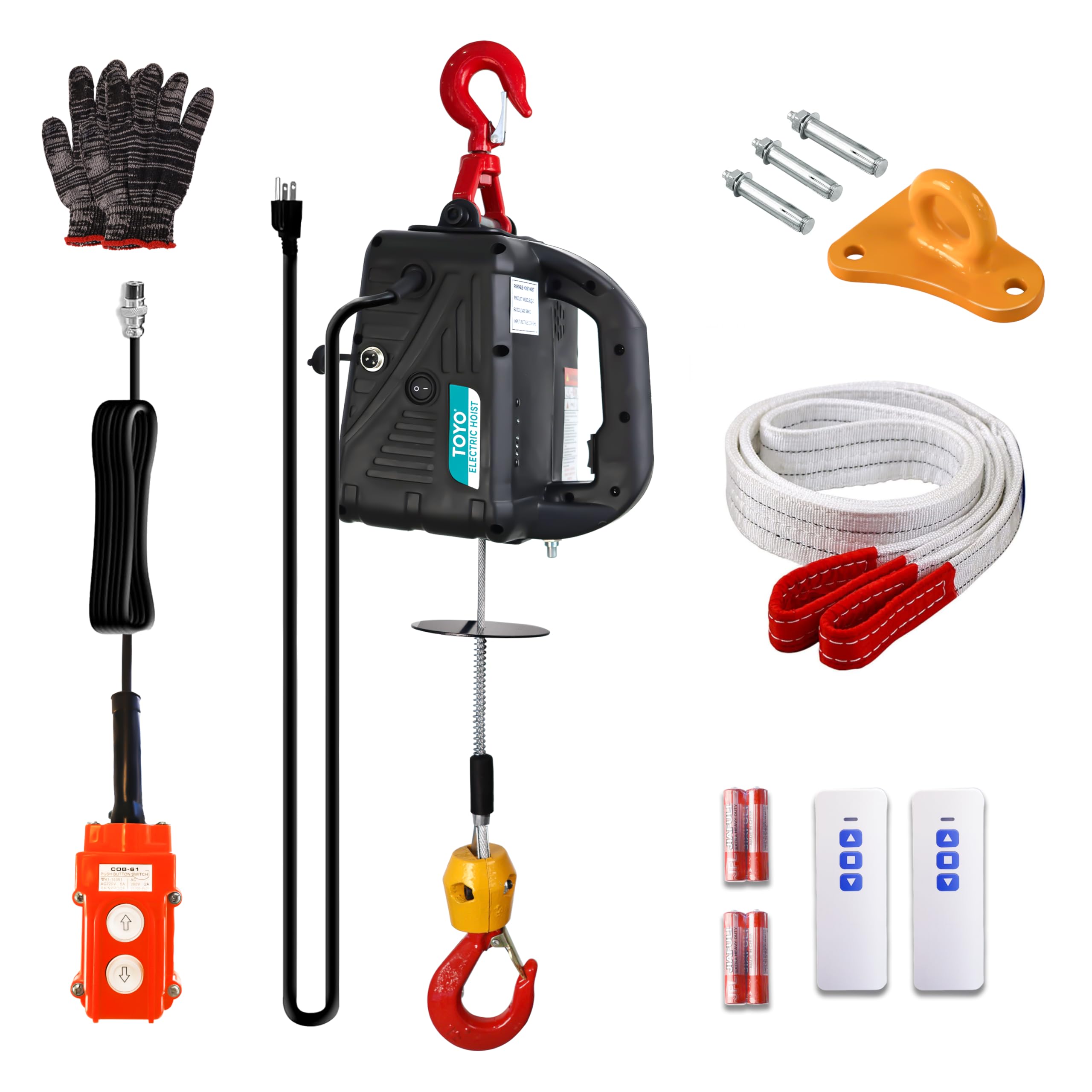 Argano elettrico 3 in 1, 1500 W, 120 V, paranco elettrico portatile con telecomando (manuale/cavo/wireless), capacità 500 kg, velocità 4,9 m/min, altezza 7,6 m, per garage, magazzino (nero)