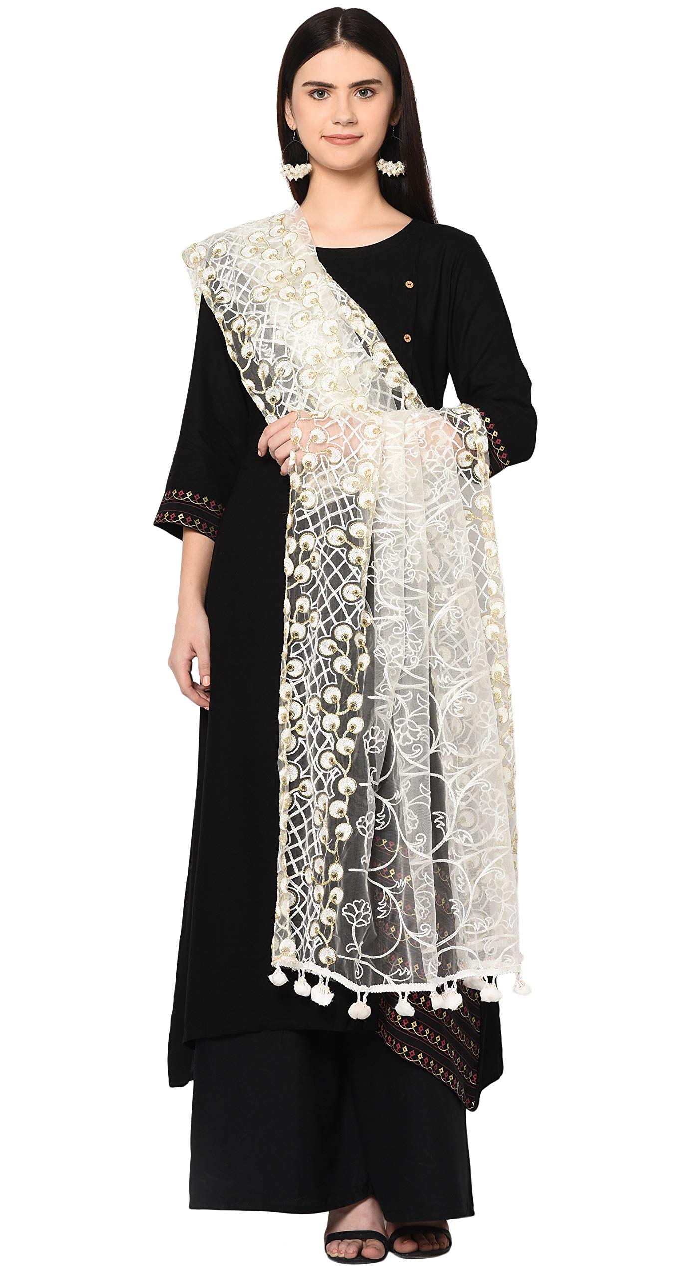 Weavers Villa Women's Net Embroidered Dupatta (White, 2.25 Meters)