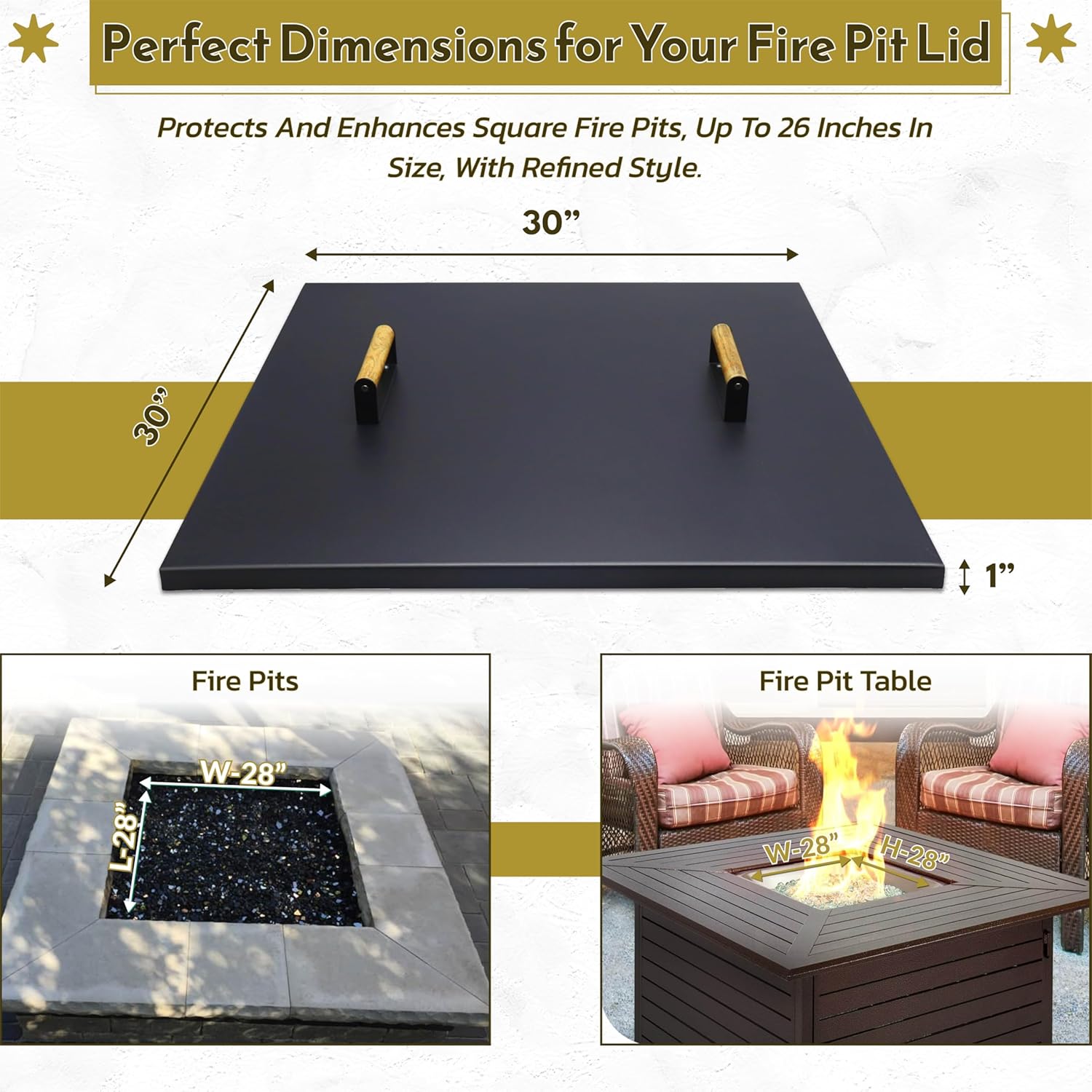 Febtech -30" Square Fire Pit Snuffer Lid - Carbon Steel Fire Pit Pan Lid for 28" FirePit- Steel Cover with Wooden Handles FirePit Shield for Outdoor Burner Cover Camping Accessories