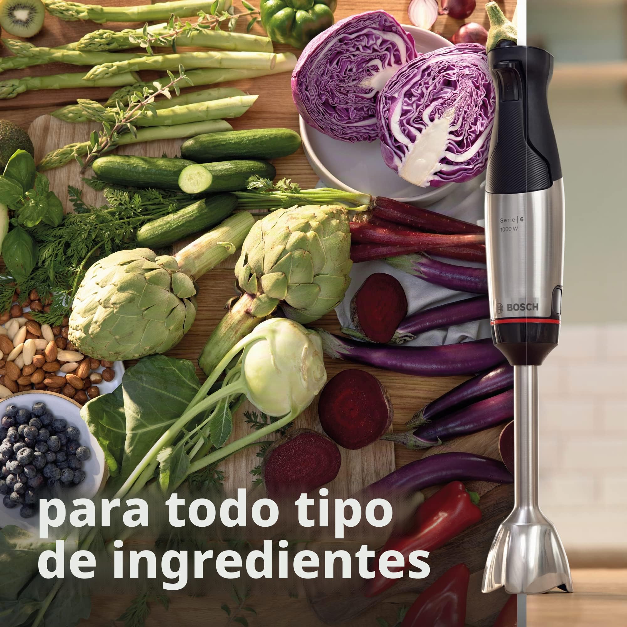 Bosch MSM6M673 ErgoMaster - Batidora de inmersión serie 6, mini picadora, prensa puré, cuenco multifunción y 4 otros accesorios incluidos, sistema de mezcla QuattroBlade System Pro,1000 vatios, plata