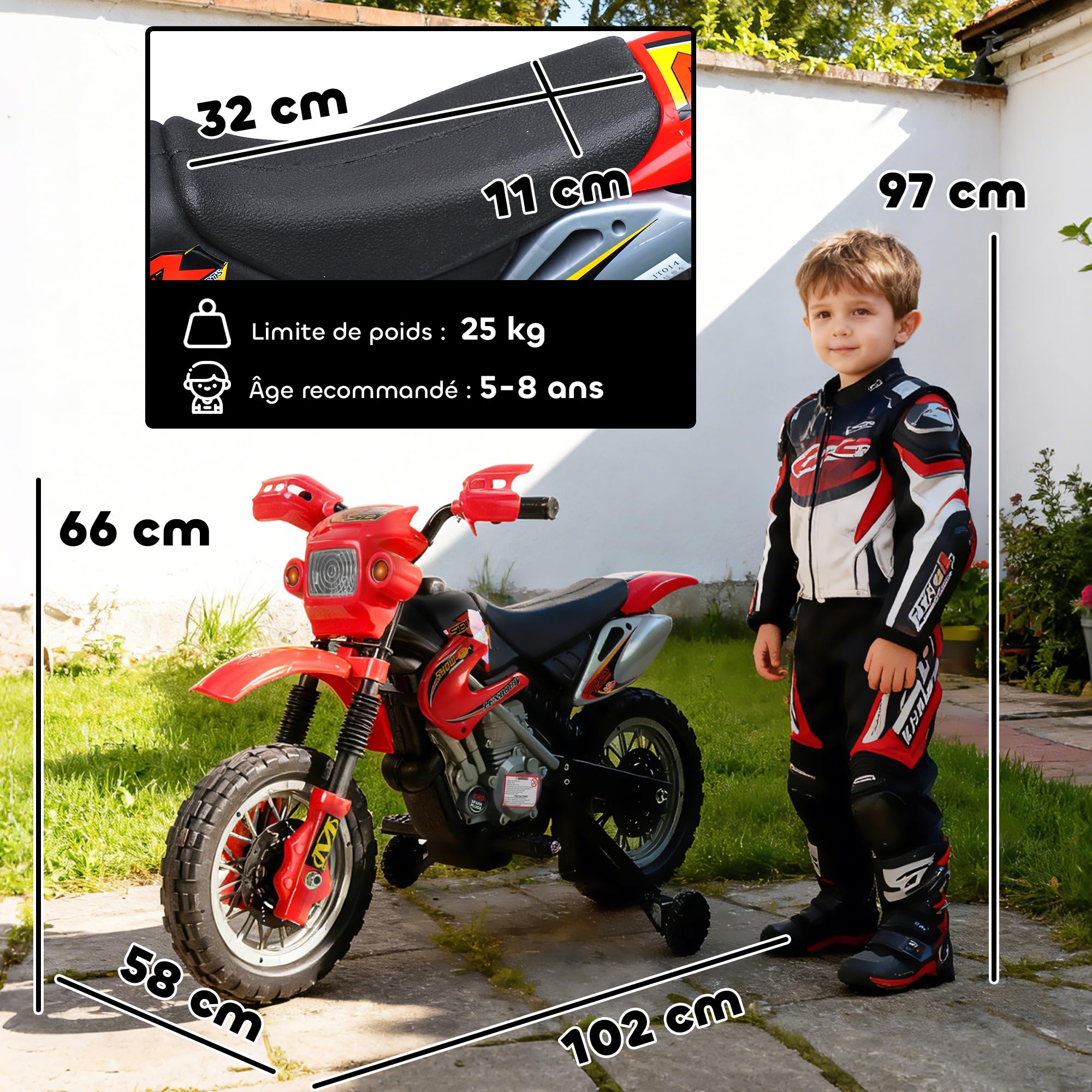 HOMCOM Moto Cross Électrique Enfant 6V 102x58x66 cm Rouge Noir