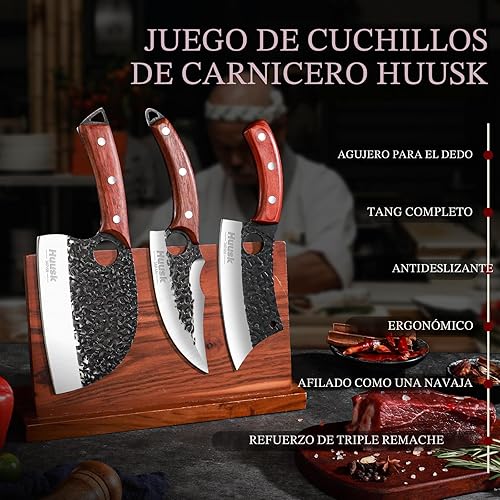 Miniatura 6 de Huusk Juego de Cuchillos de Carnicero Cuchillo de Chef Serbio Forjado a Mano Cuchillo de Deshuesado Viking Cuchillo de Corte 3 Piezas Juego de
