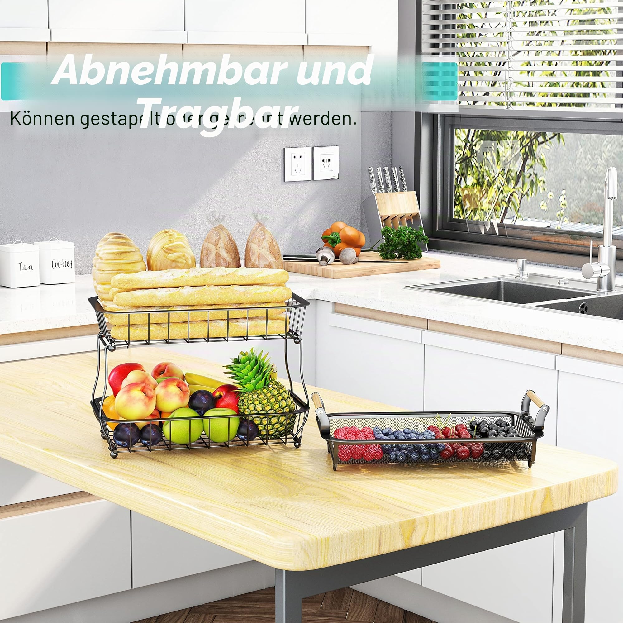 Obstkorb mit 3 Ebenen und 2 Bananen-Aufhängern für Küchenarbeitsplatte, Gemüse-Arbeitsplatte, Aufbewahrungshalter, große Kapazität, Metalldraht, Obstständer, Organizer für Zwiebel, Snack, schwarz