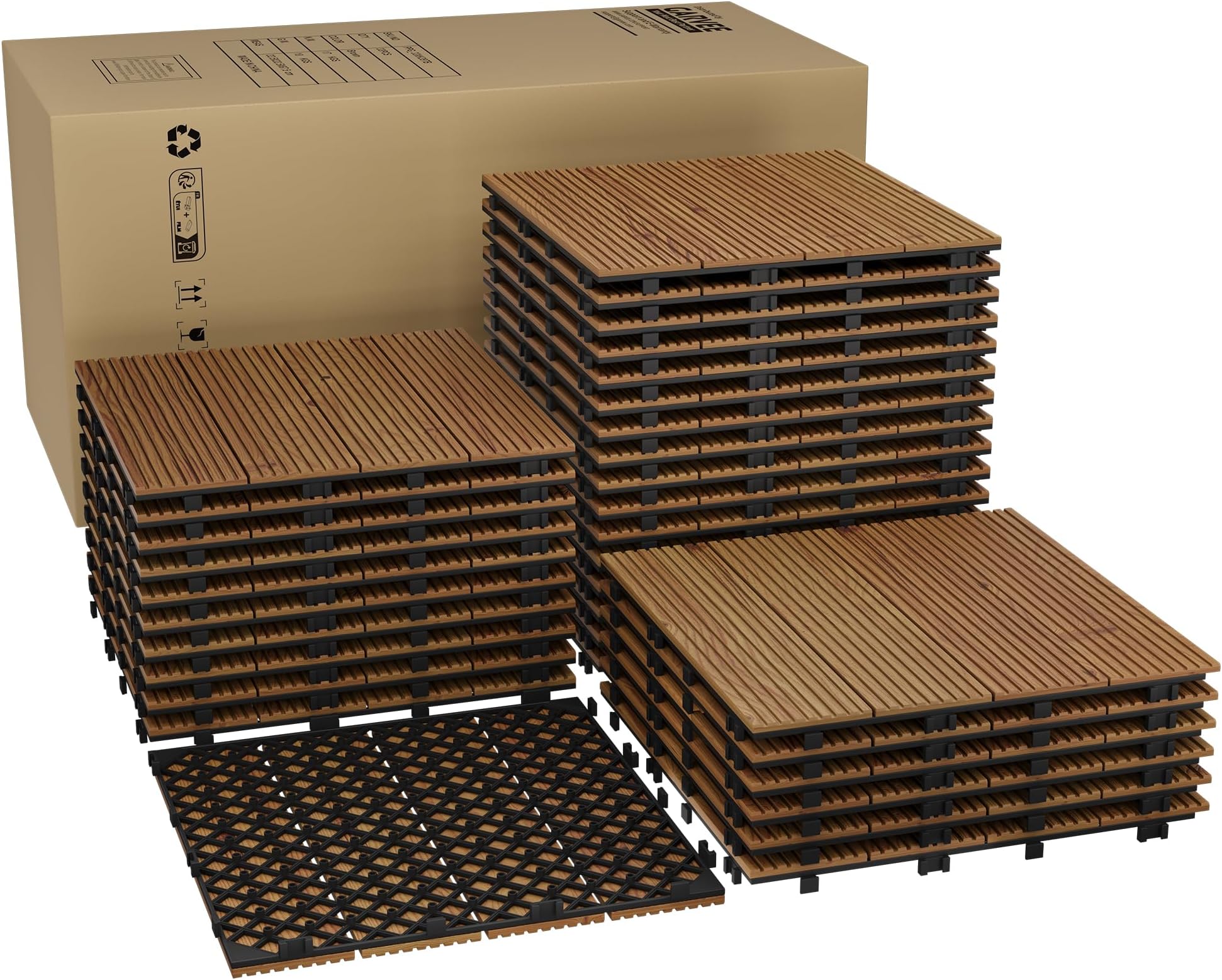 Garvee 33 PCS Interlocking Deck Tiles, 12"X12" Solid Acacia Wood Flooring for Outdoor & Indoor, All Weather Waterproof Snap Together Patio Tiles for Balcony, Poolside, Deck,Brown