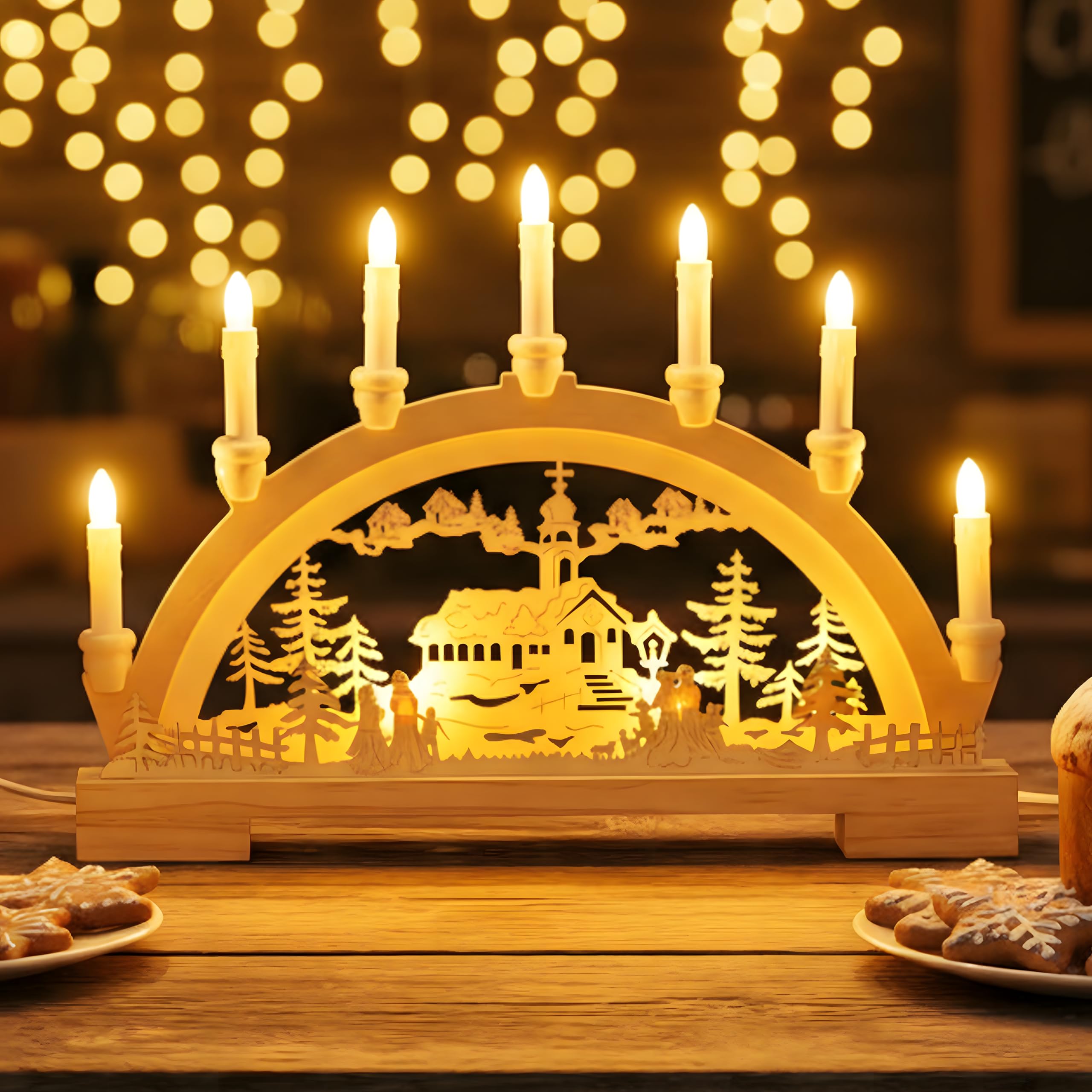 GloBrite Christmas Candle Bridge with 10 LED Lights - Battery Operated Candle Arch & Village LEDs for Home Decor