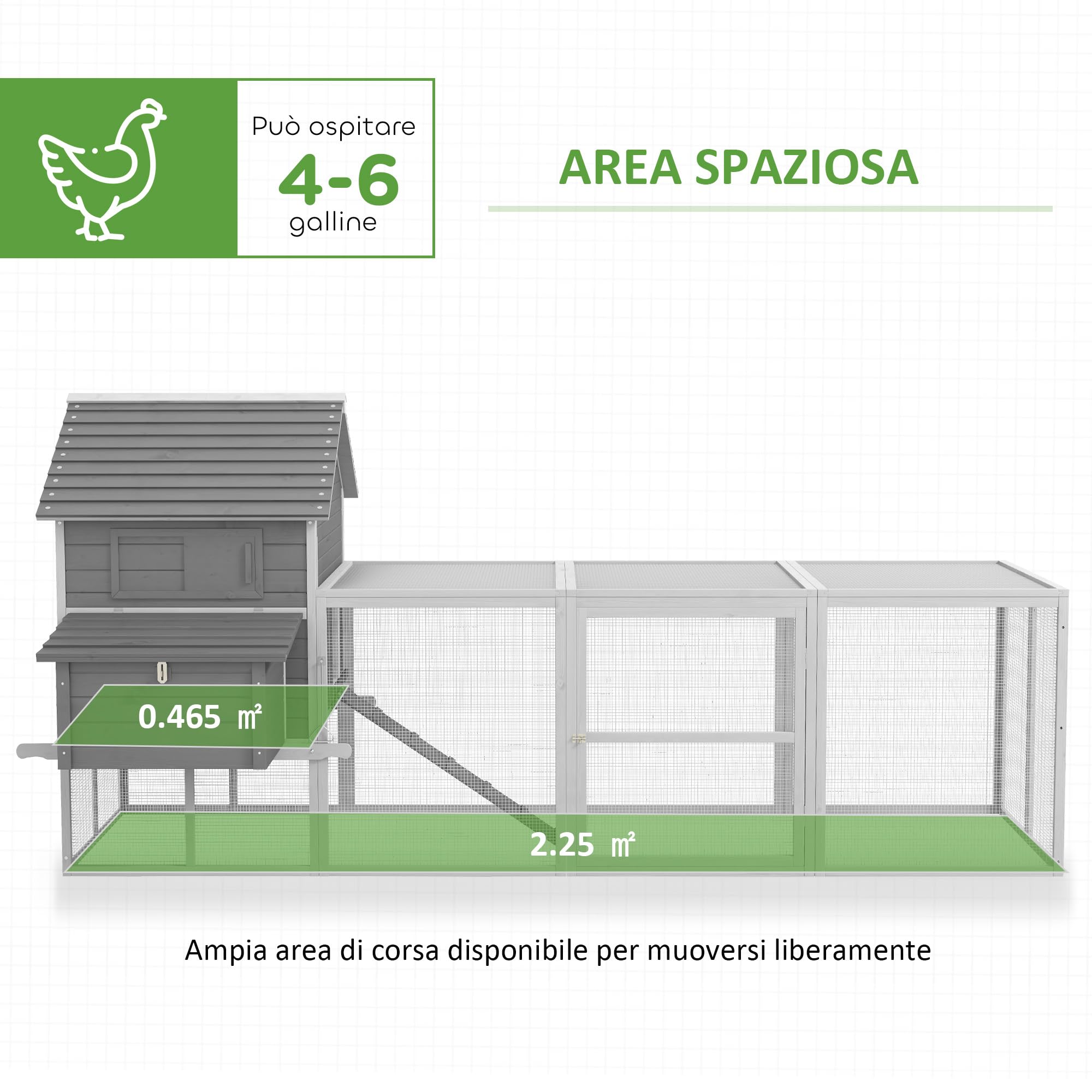 PawHut Pollaio in Legno con 2 Nidi, Pollaio per Galline Ovaiole da Esterno, Casetta per 4-6 Galline con Rampa e Area Aperta Recintata, Facile Pulizia, 310.5x149.5x149 cm, Grigio