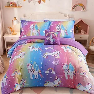 Twin Comforter Set for Girls -3 Pieces Rainbow Unicorn Twin/Twin XL Bedding Set with 1 Comforter, 1 Decor Pillow, 1 Pillow Sham