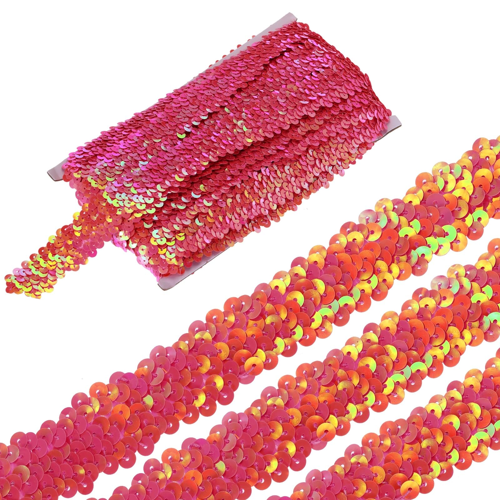 sourcing map 5 Yards 1.2 Inch Elastic Sequins Trim 3 Row Flat Sequin Strip Paillette Fabric Ribbon for Crafts DIY Fringe Sewing Costume Dress, AB Red