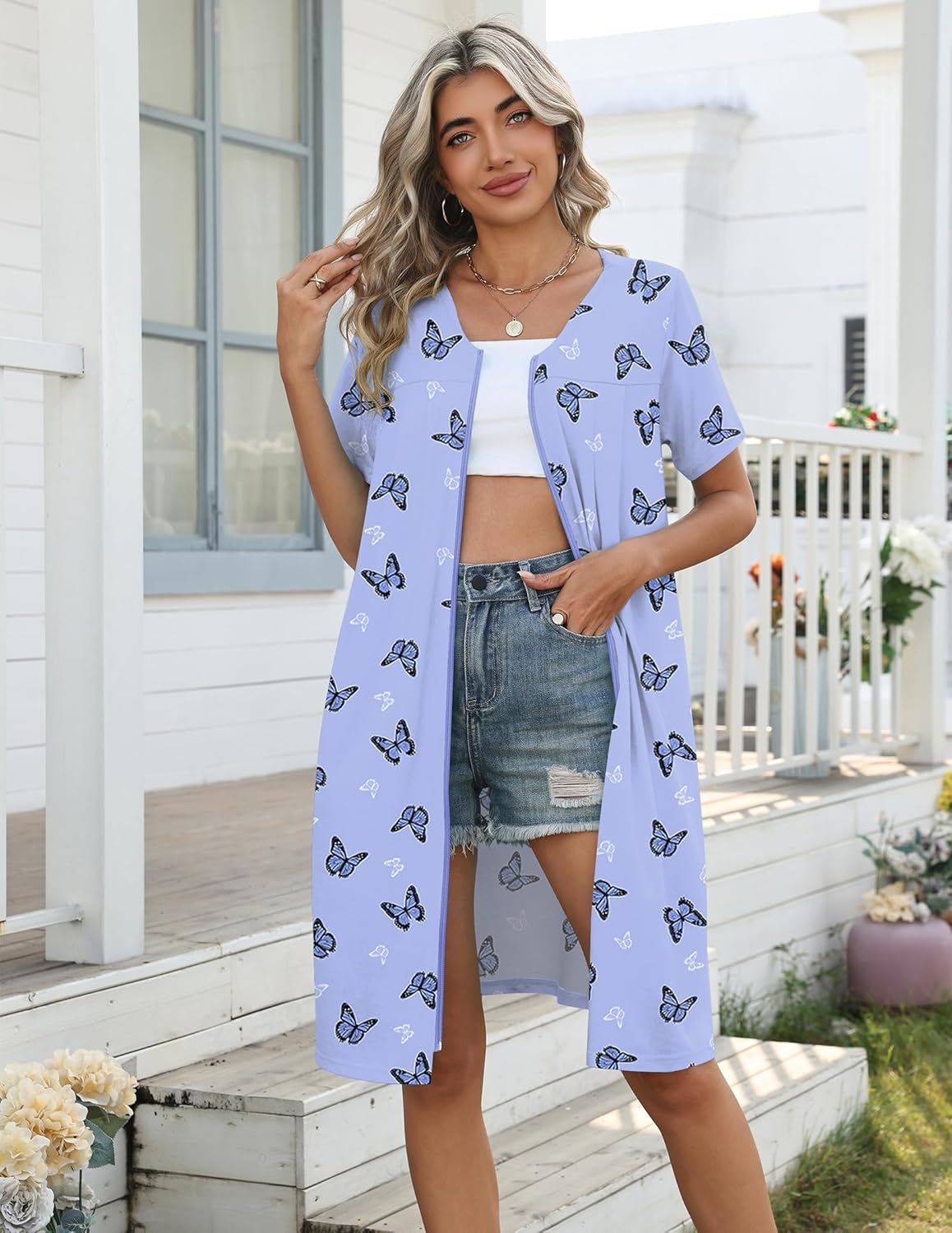 Ekouaer Zipper Robes for Women Short Knit Bathrobes Lightweight Knee Length Housecoat with Pockets Nightgown S-3XL - Image 3