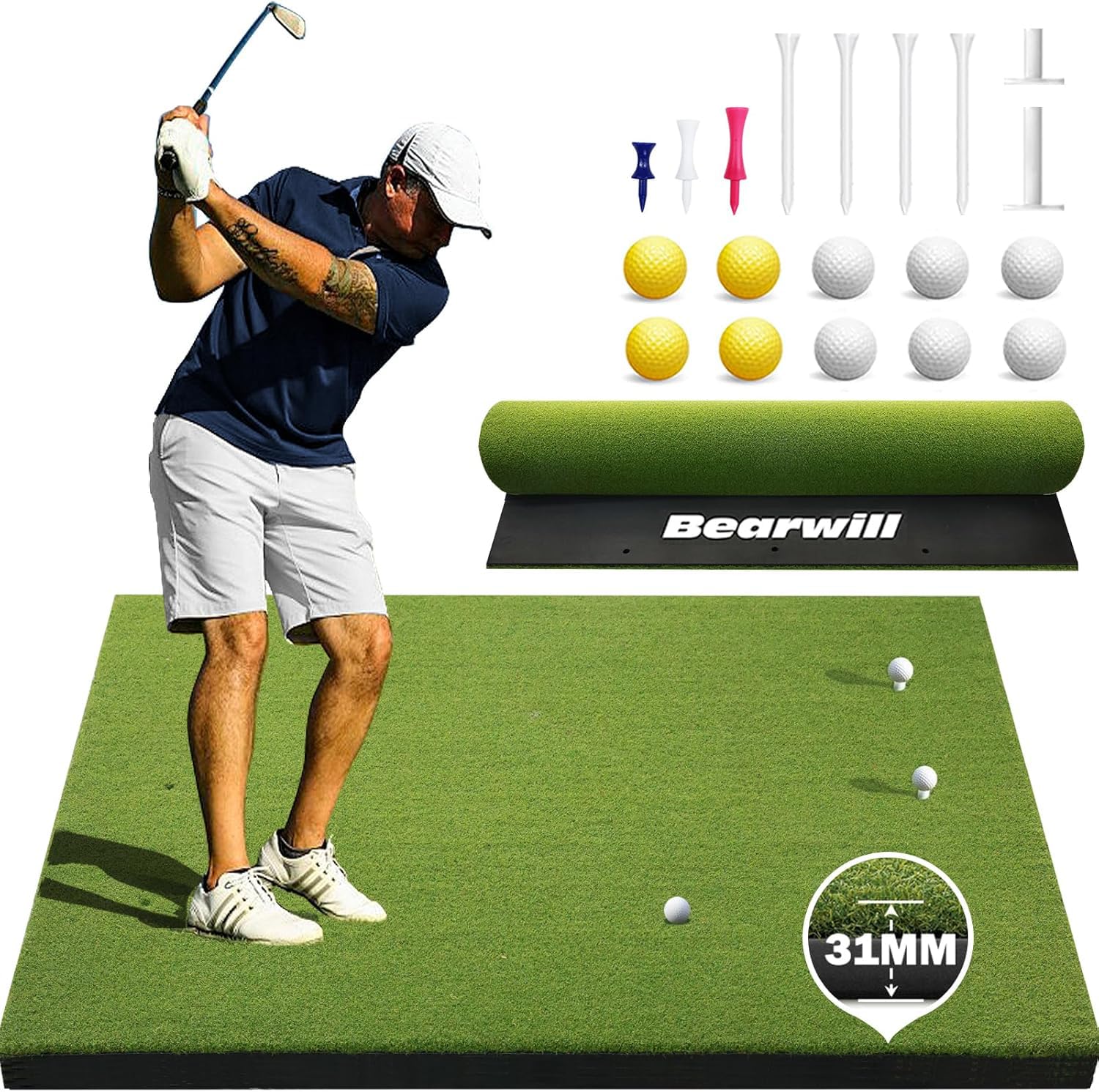 Bearwill Golf Mat 31mm 5x4ft 5x5ft Golf Hitting Mats for Practice Outdoor Indoor High-Elasticity Artificial Turf Mat for