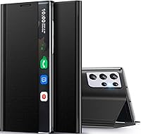 Vista 1 de Funda para Samsung Galaxy S21 Ultra 5G, Clear View Slim para Samsung S21 Ultra 5G, funda de lujo con espejo de policarbonato duro, soporte de cuero