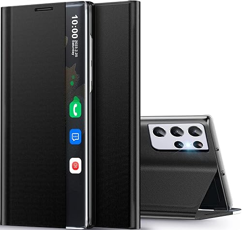 Funda para Samsung Galaxy S21 Ultra 5G, Clear View Slim para Samsung S21 Ultra 5G, funda de lujo con espejo de policarbonato duro, soporte de cuero,