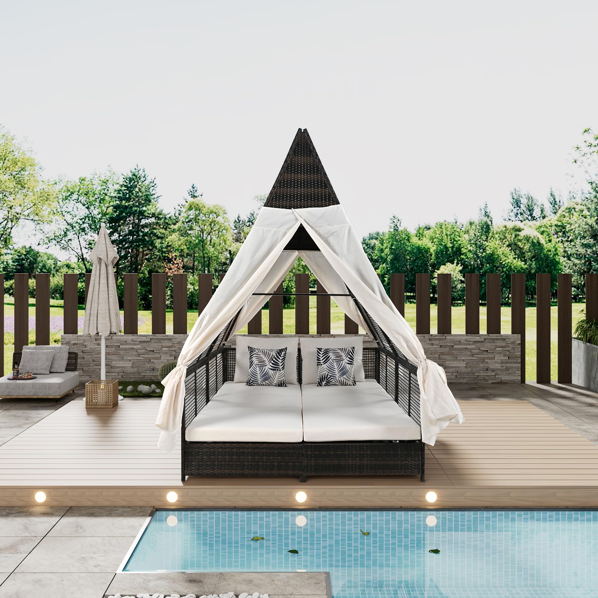 Merax Outdoor Daybed Patio Lounge Bed with Curtains