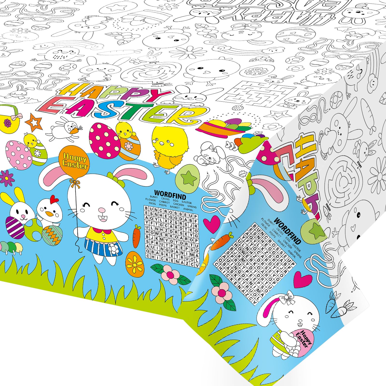 WorldBazaar Easter Coloring Tablecloth for Kids 88 x 54 Craft Easter Activities Paper Banner Bunny Table Cover Disposable Spring Party Decorations