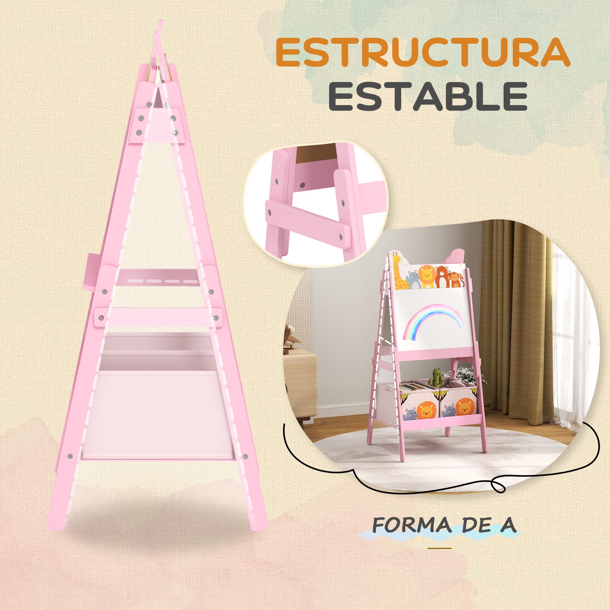AIYAPLAY Pizarra Infantil Caballete 2 en 1 Doble Cara con Pizarra Blanca 2 Cestas de Almacenamiento Caballete Pintura Niños con Estampado de Animales 53,5x49x113 cm Rosa
