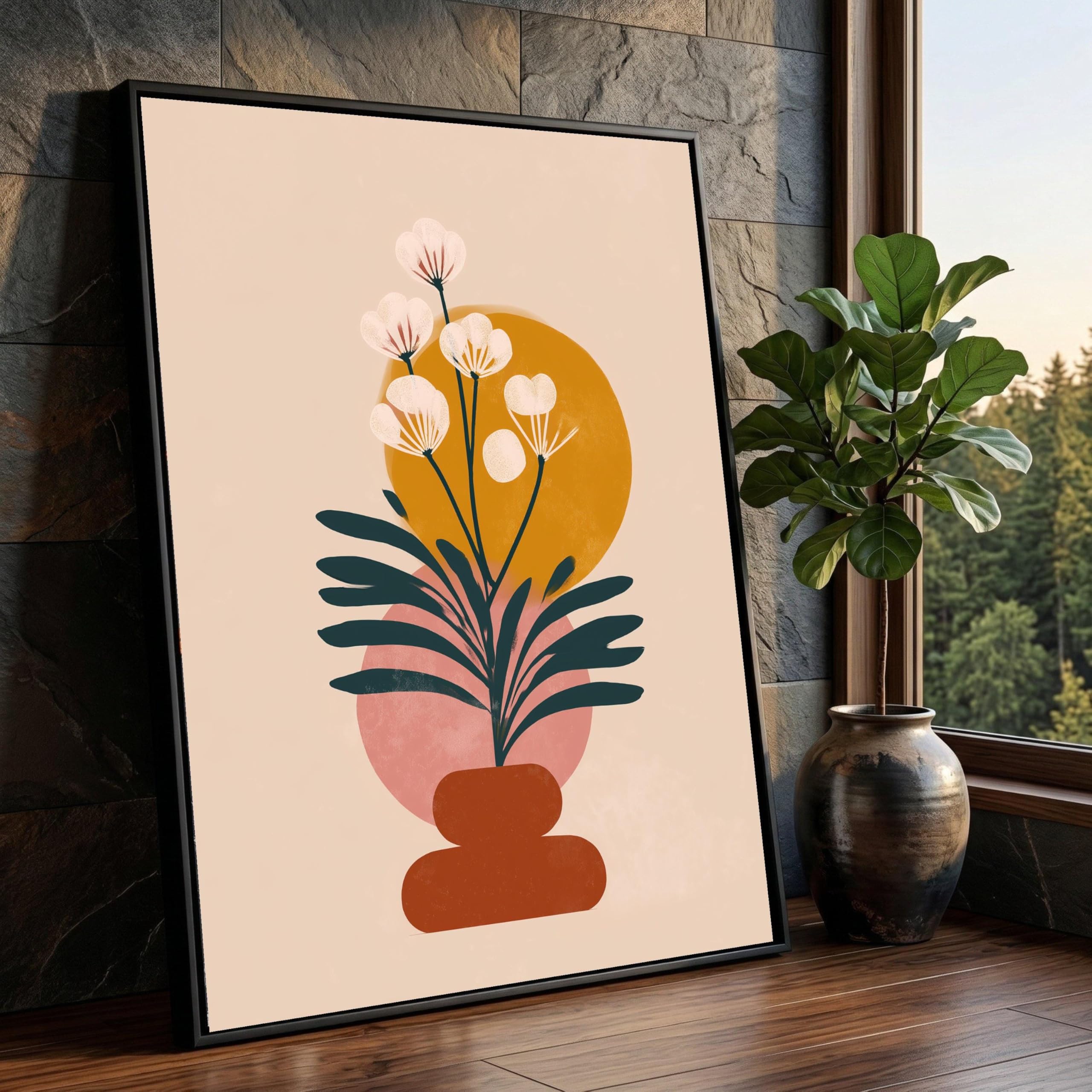 CAOXTART Minimalist Floral Canvas, Abstract Plant Wall Art, Earth Tone Wall Painting, Boho Canvas Print, Contemporary Home Decor(70x110cm/Frameless)