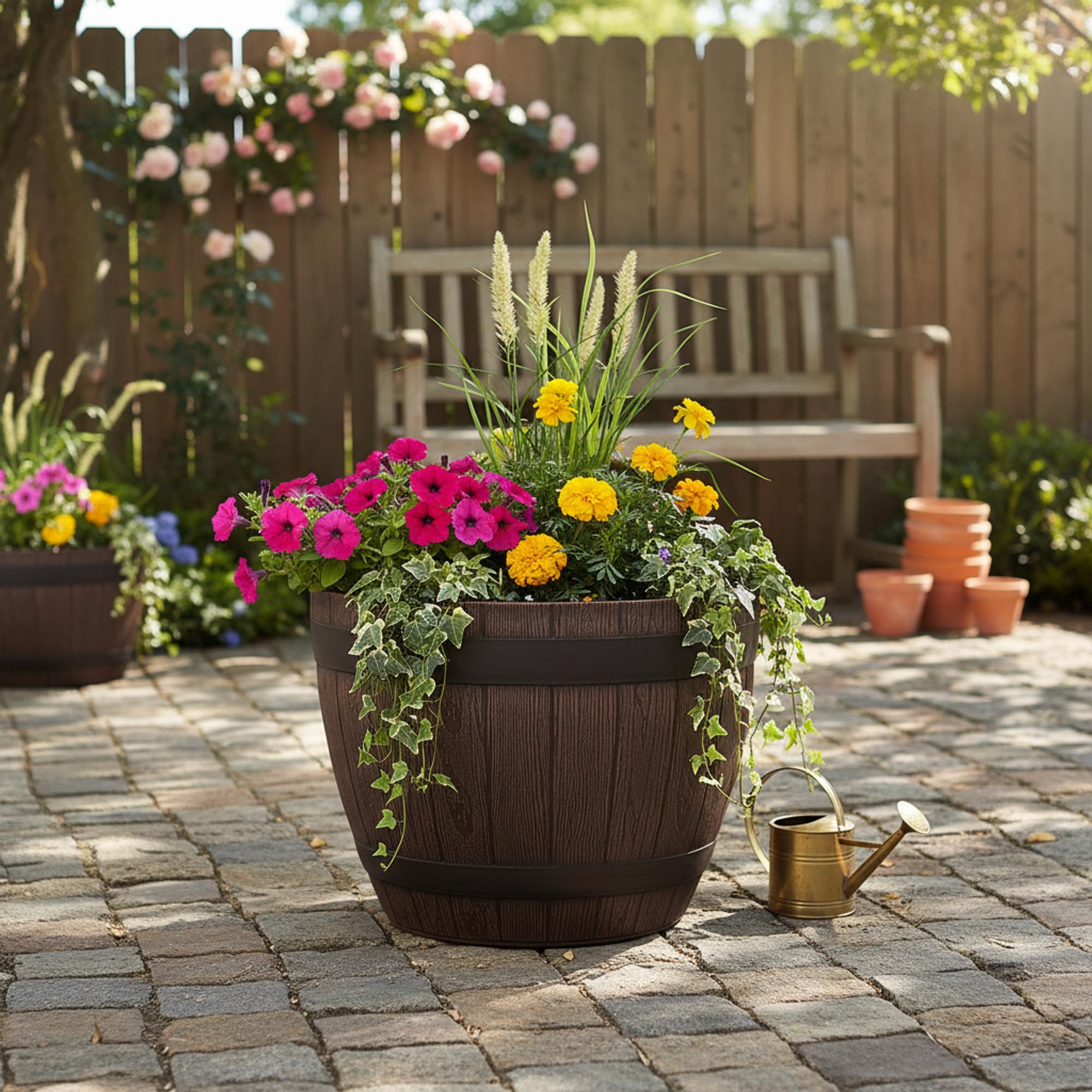 Pot de Fleur Extérieur en Plastique Imitation Bois – Design Tonneau – Ø38 cm – Léger, Résistant Gel & UV, Décoration Jardin & Balcon – Couleur Châtaigne