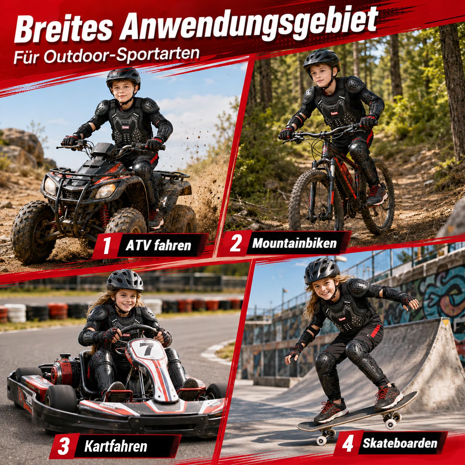 Kinder Brustpanzer Protektoren Set Motocross Schutzausrüstung | Kinder Schutzkleidung mit Protektorenweste, Brustschutz, Rückenprotektor, Kniepads, Ellbogenpads, Mesh-Gewebe und Reflektoren