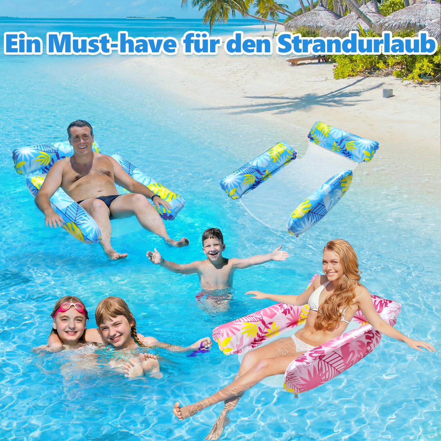 2 Stück Luftmatratze Wasser mit 1 Luftpump und 2 Getränkehalter，4 in 1 Wasserhängematte mit Netz Aufblasbare Schwimmsessel Wasser Matratze Pool Zubehör Liege Sofa Stuhl Sitz Erwachsene Kinder Stabil
