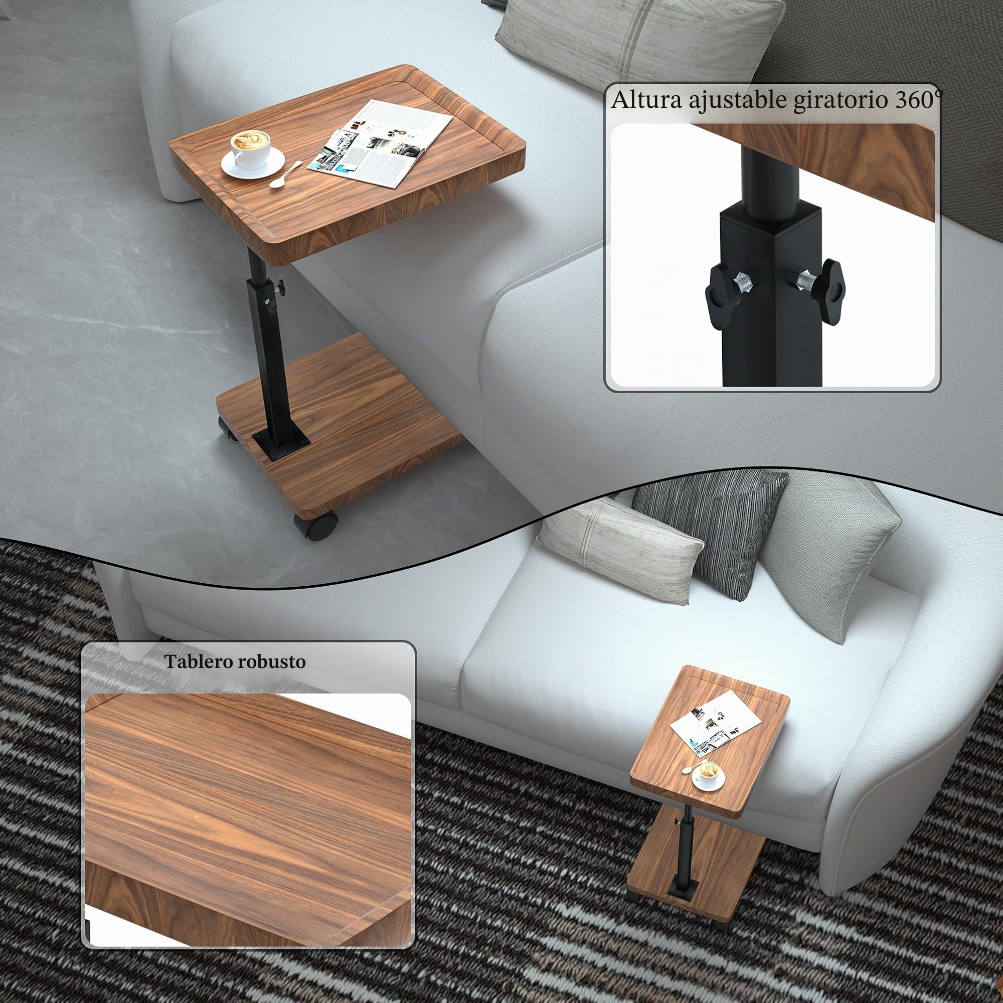 Mesa Auxiliar con Ruedas, Altura Regulable (45 – 80 cm), Mesa Auxiliar de Madera en Forma de c con Acabado de Nogal Giratorio 360°, Mesa de Centro pequeña para salón, sofá