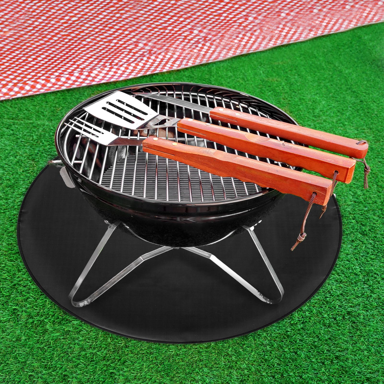 sourcing map Tapis de brasero rond de 150 cm, 2 couches en silicone ignifuge, portable, réutilisable, imperméable, accessoire de barbecue pour barbecue, terrasse, herbe, noir
