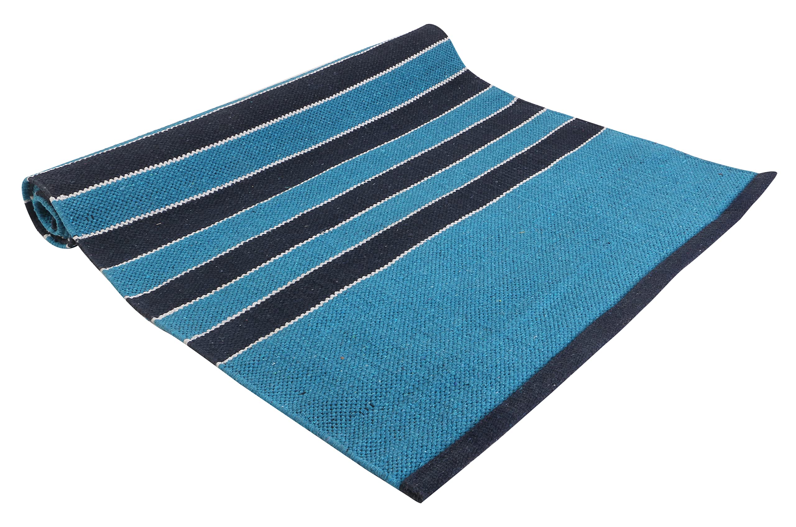 Cotton Yoga Mat Hand Woven Yoga Mat Eco Freindly Organic Handloom Mat Supreme Heavy Quality with Carry Strap- 24" x 72" Exercise Mat- Navy Blue, Royal Blue & Turquoise