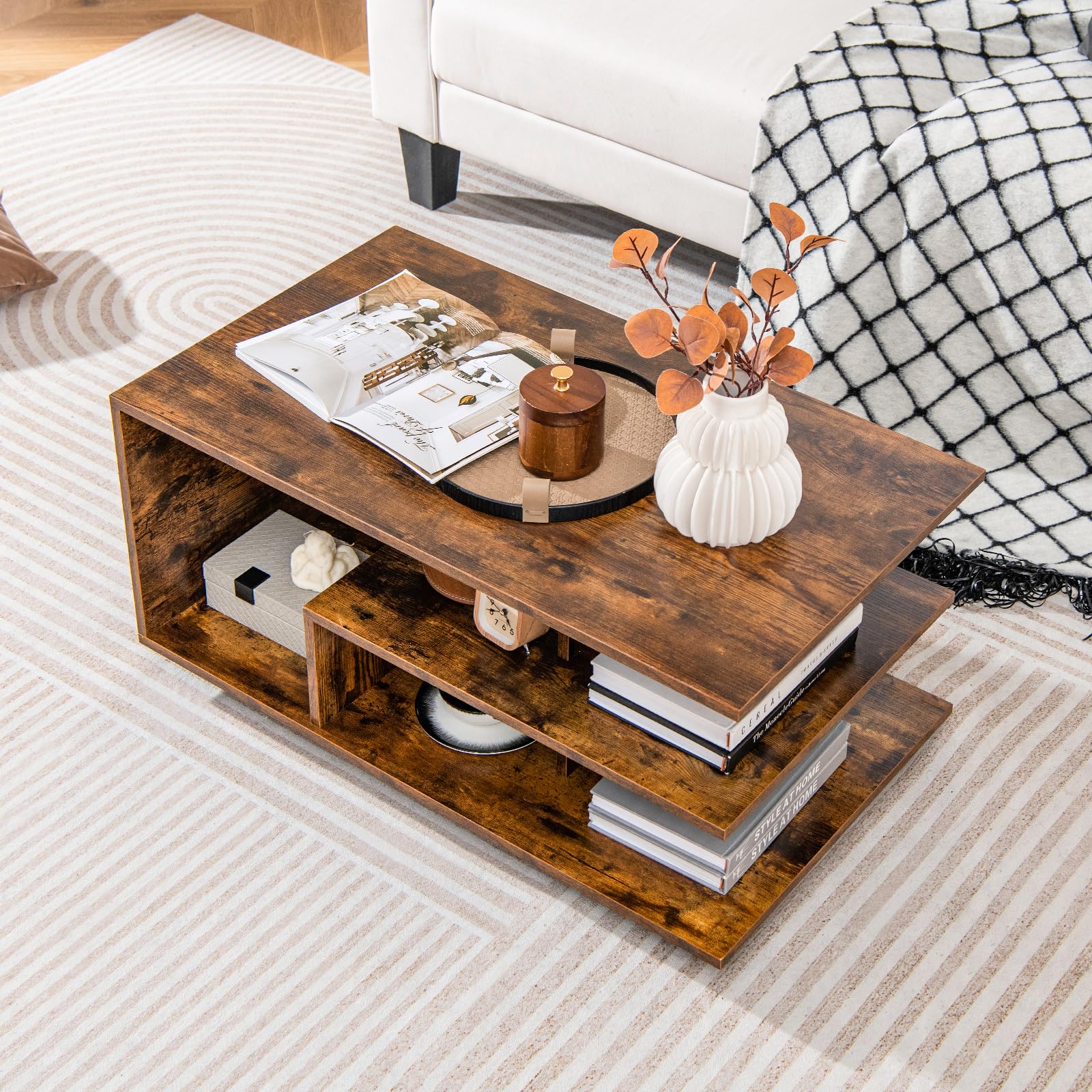 LIFEZEAL Mesa Centro de salón, Mesa Baja de sofá con 3 estantes, con 5 Compartimentos, Mesa de café de 3 Niveles para salón, Oficina, 90x50x42cm (Marrón)