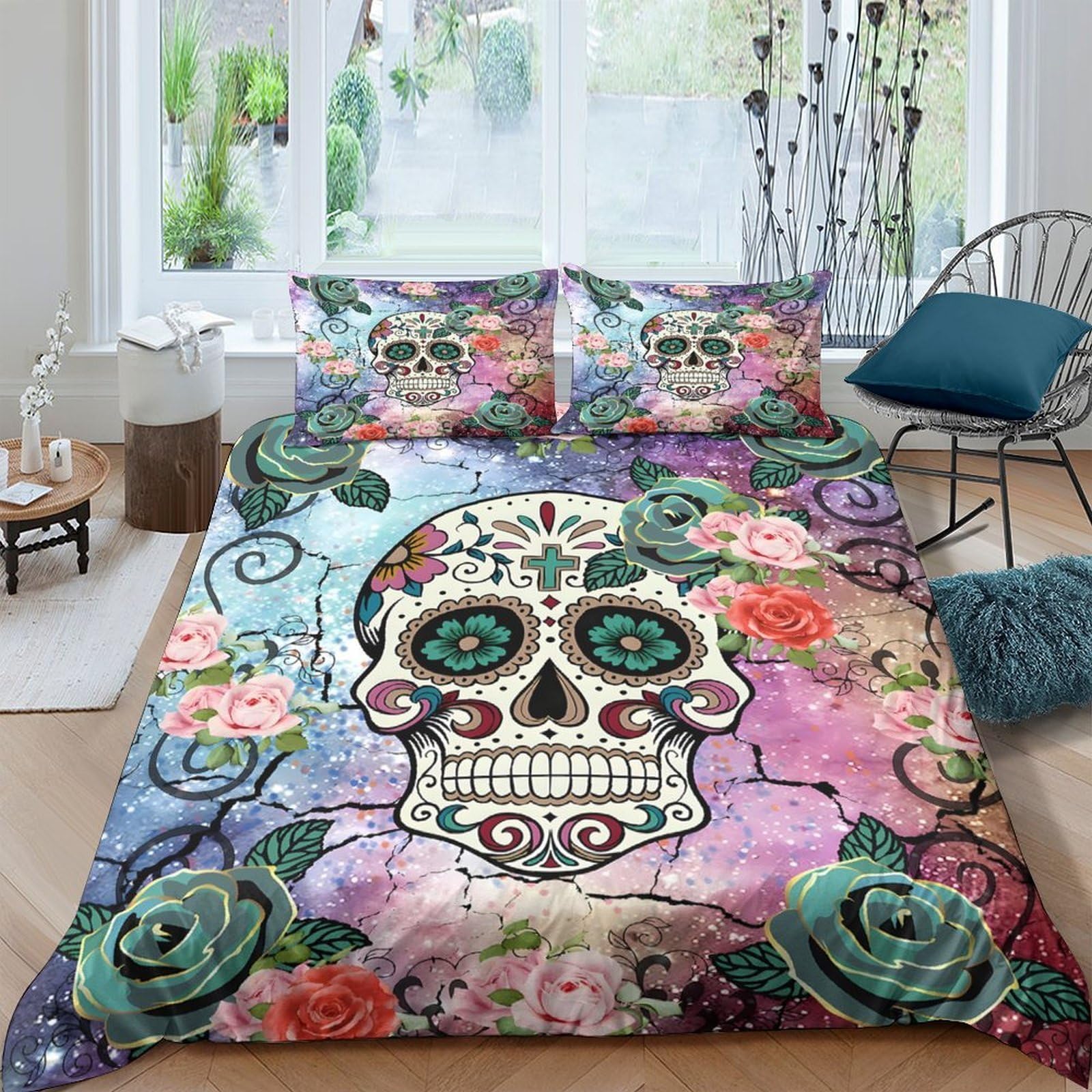 Ctjqhvkz Style-5 3D Printed Sugar Skull Fitted Sheet Microfiber Floral Rose Mattress Cover Colourful Bedroom Decor Art Single（135X200cm）