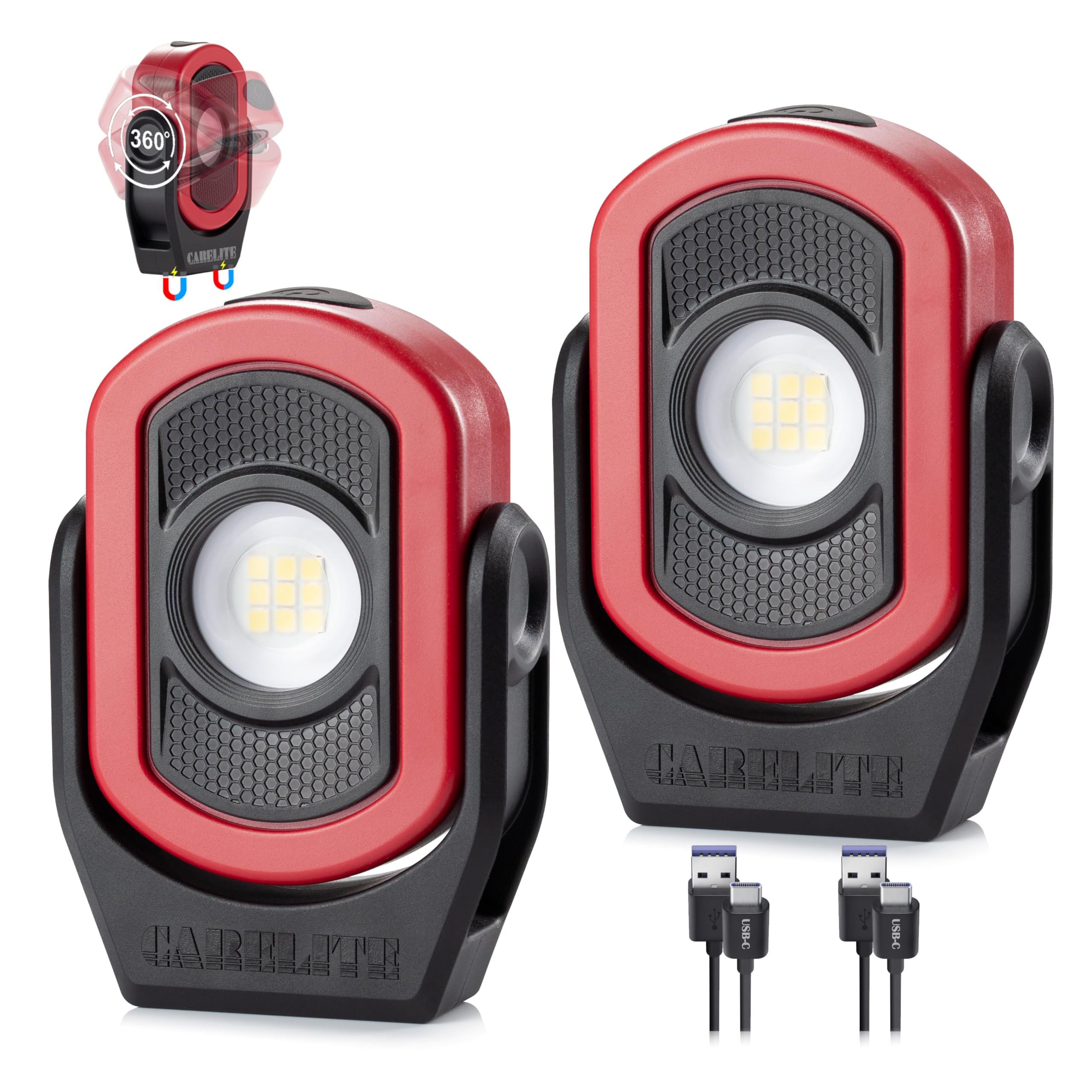 Magnetische Arbeitsleuchte - 780 Lumen Kompaktes Taschenlicht, wiederaufladbar 3000mAh, 360° schwenkbar, langlebig & tragbar für Mechaniker & Baustellen (Rot, 2er-Pack)