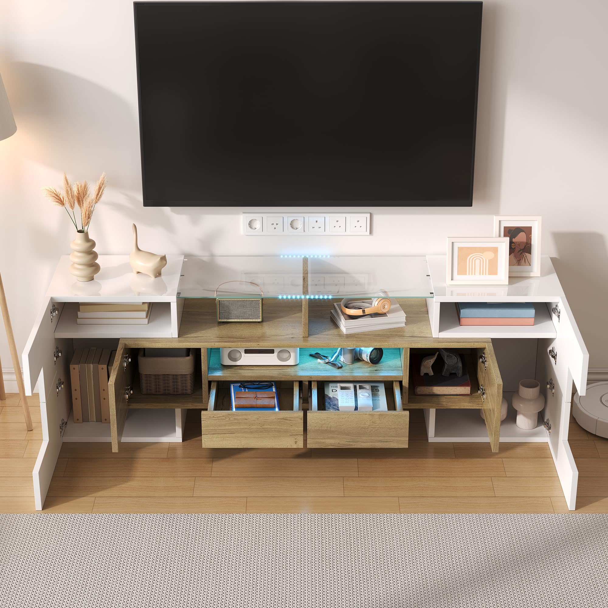 Elegante mueble de TV de 145 cm, color blanco brillante, bancos de TV con iluminación LED y tablero de cristal para salón, diseño moderno (blanco y color madera, 145 cm)