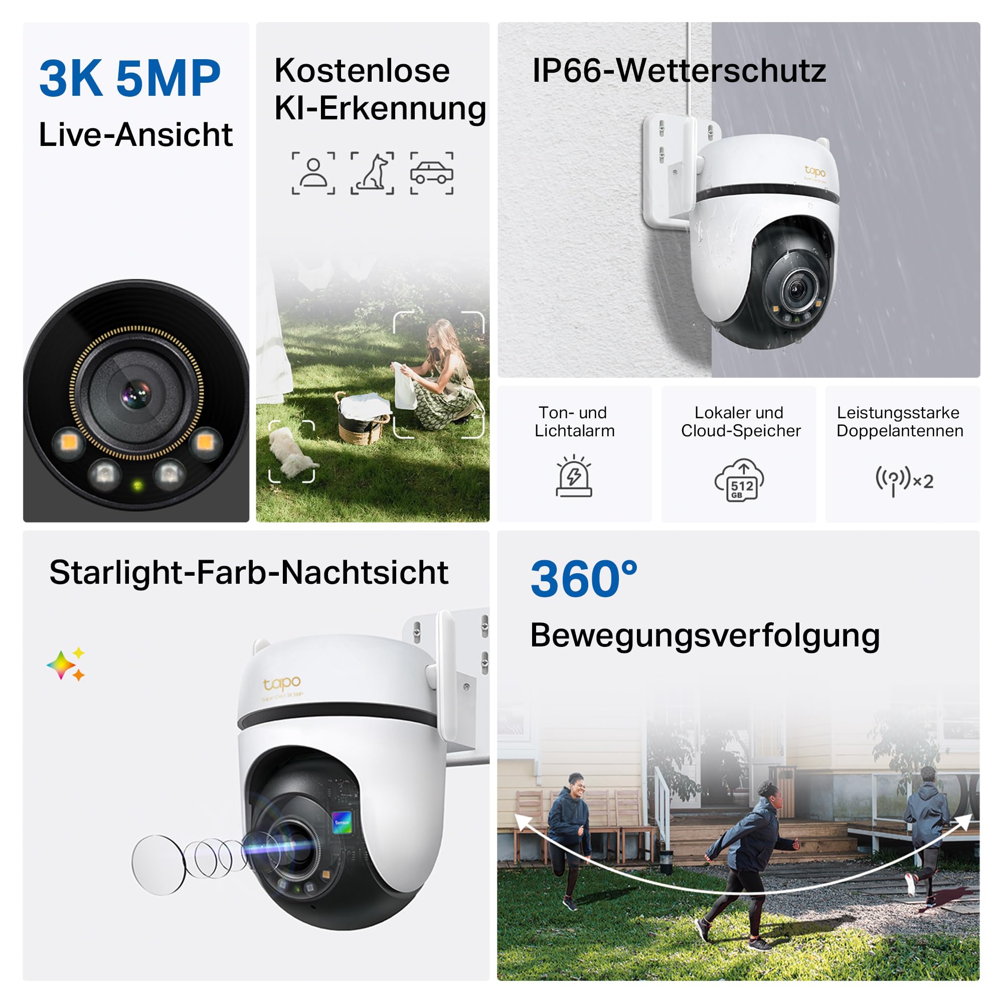 Tapo C530WS 360° Überwachungskamera Außen, 3K 5MP, Starlight Farbe Nachtsicht, KI-Erkennung, Bewegungsverfolgung, WLAN oder Ethernet, microSD-Karte bis zu 512 GB