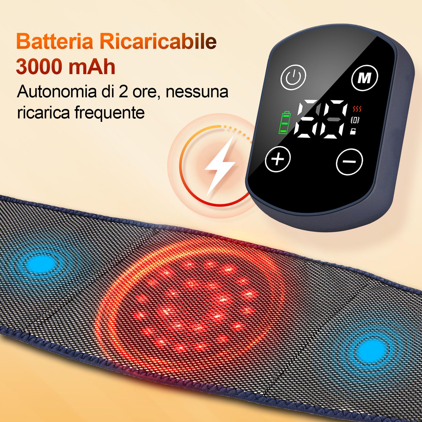 Fascia Lombare Riscaldamento,Massaggiatore Schiena Cintura Riscaldante,3000mAh Batteria Termoforo Elettrico Lombare,Fascia Riscaldante Schiena,3 Modalità di Massaggio e 5 Regimi Termici