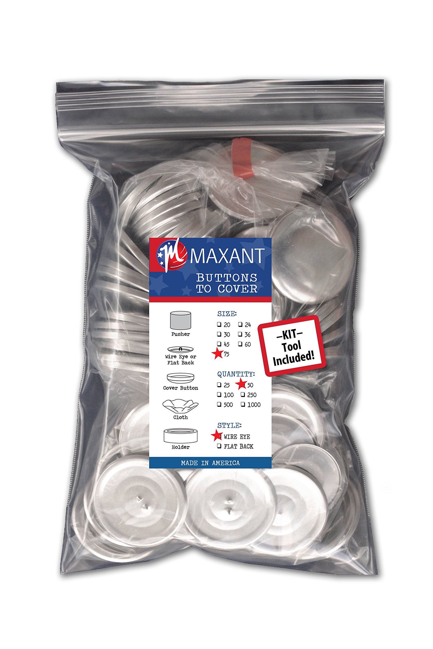 50 Buttons to Cover - Made in USA - Self Cover Buttons with wire Eyes - size 75 with Tool - Buttons for Sale