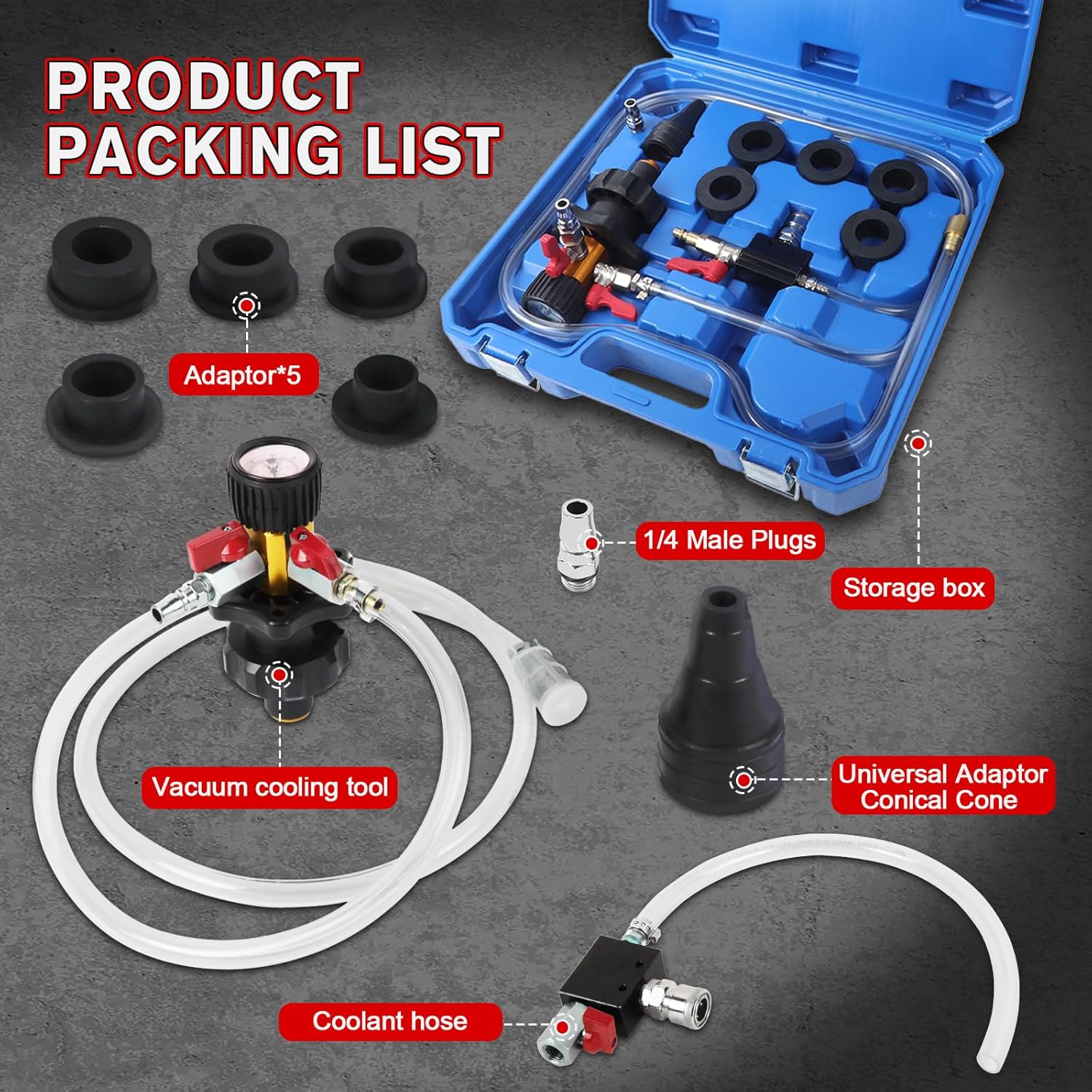 PLAYOCCAR Coolant Vacuum Refill Kit,Universal Coolant Vacuum Filler Automotive Cooling System with Pressure Gauge, 7 Adapters,Hoses for All Vehicles Radiator Pressure Tester