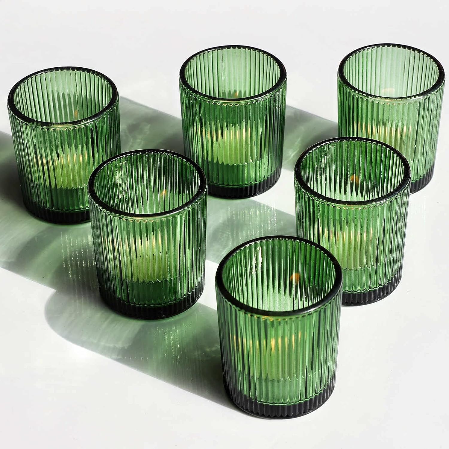 Vohocandle Pack of 12 Ribbed Glass Tealight Holders Green Ribbed Votive Holders Wedding Party Table Centerpieces Glass Tea Light Holder Birthday Gift