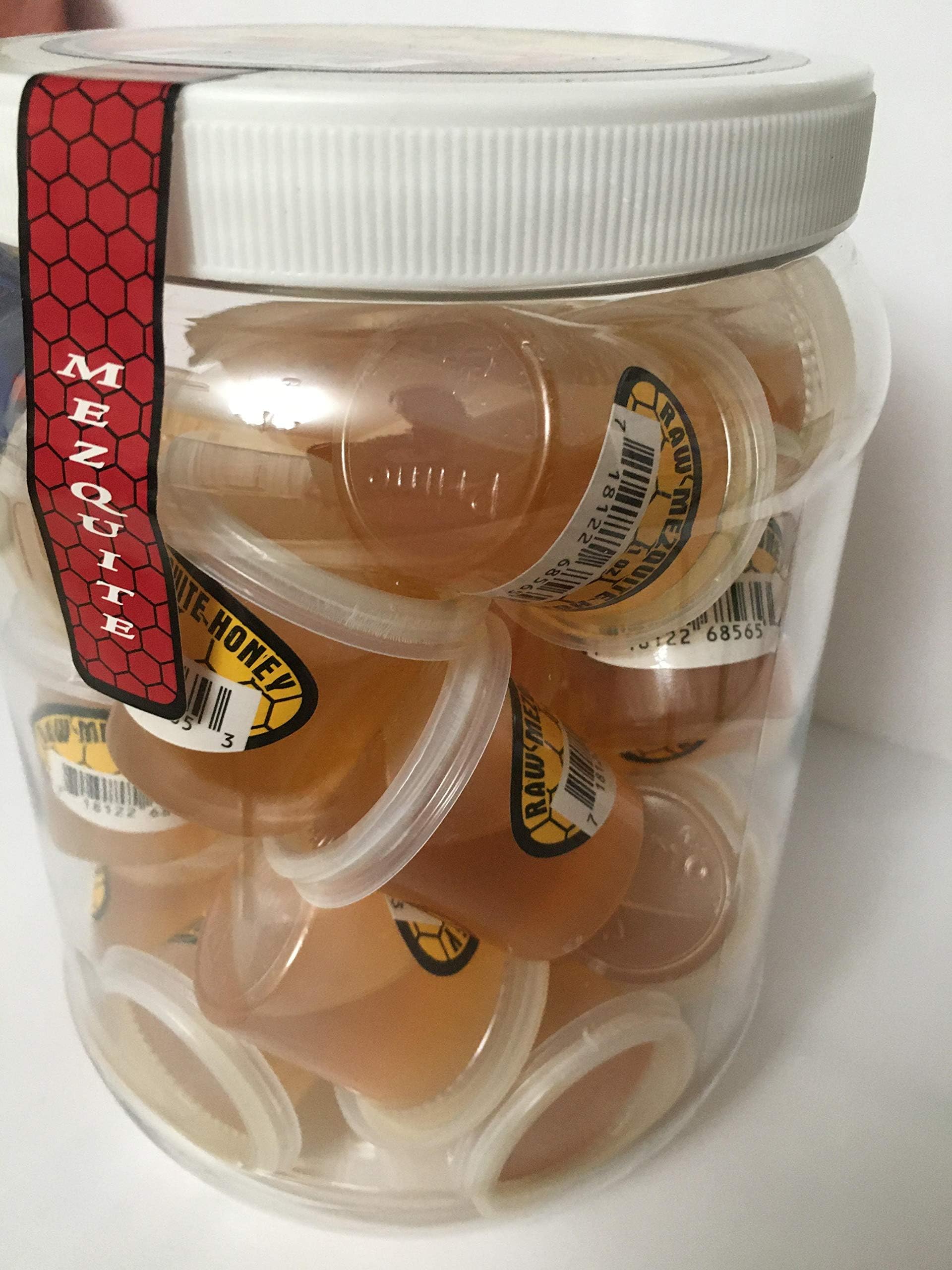 Pure Raw & Unfiltered Honey Non Pausterized Mesquite Flavor Uncut Honey Snacks 25 Cups, Miel de Abeja Pura sin Pasteurizar de Mesquite Flora con 25 Cups Snacks