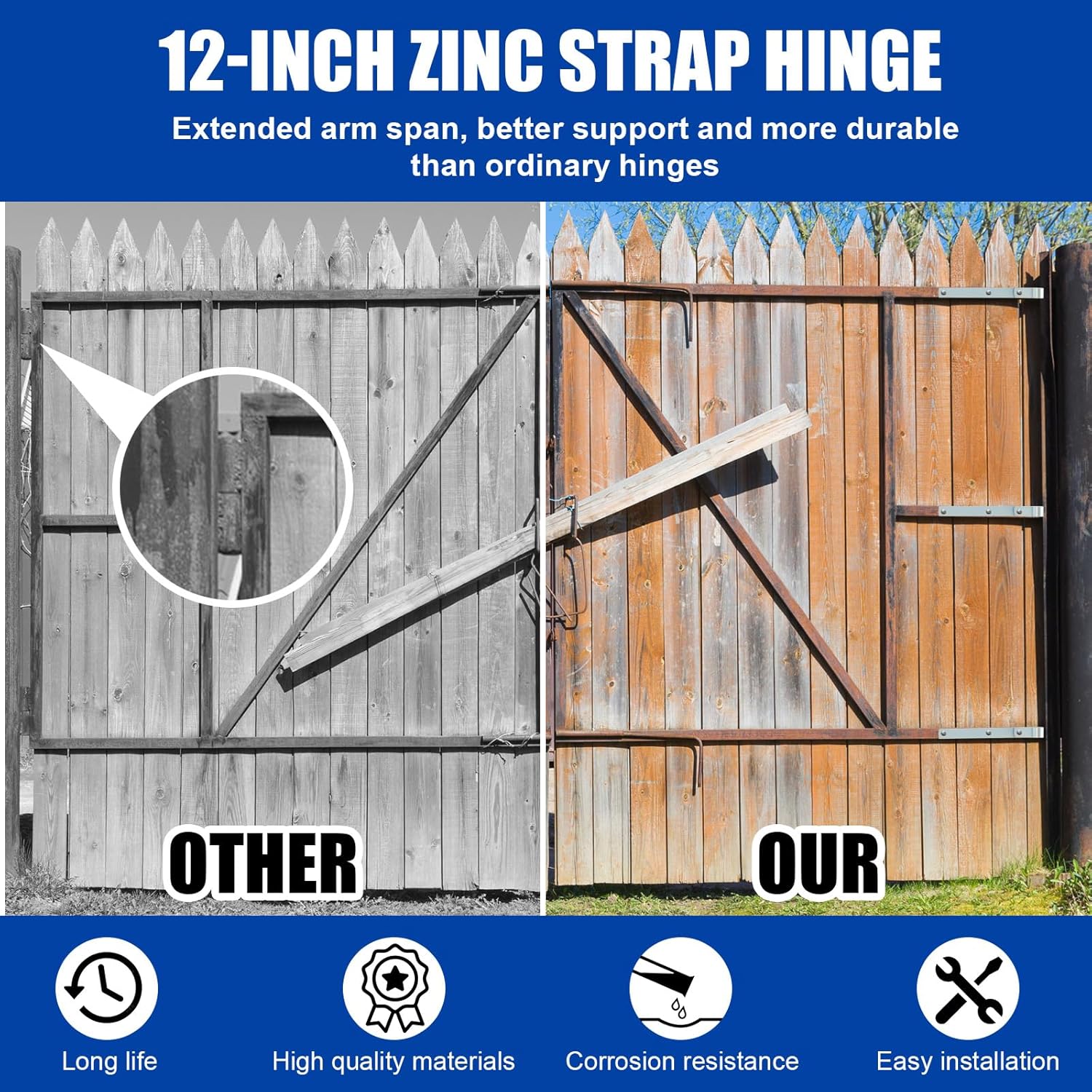 4 Pack 12" Zinc Strap Hinge Heavy Duty for Gates, Tool Sheds, Barns and Other Swing Doors (Silver)