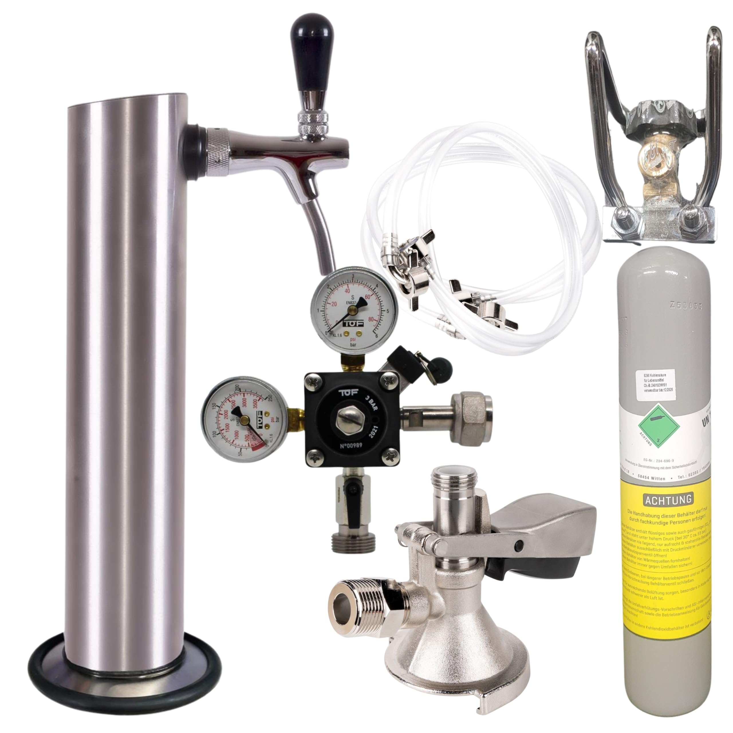 Zapfgarnitur klein mit Schanksäule, Schankhahn, Flachkeg (A), Co² 500g, Druckminderer & Schläuche