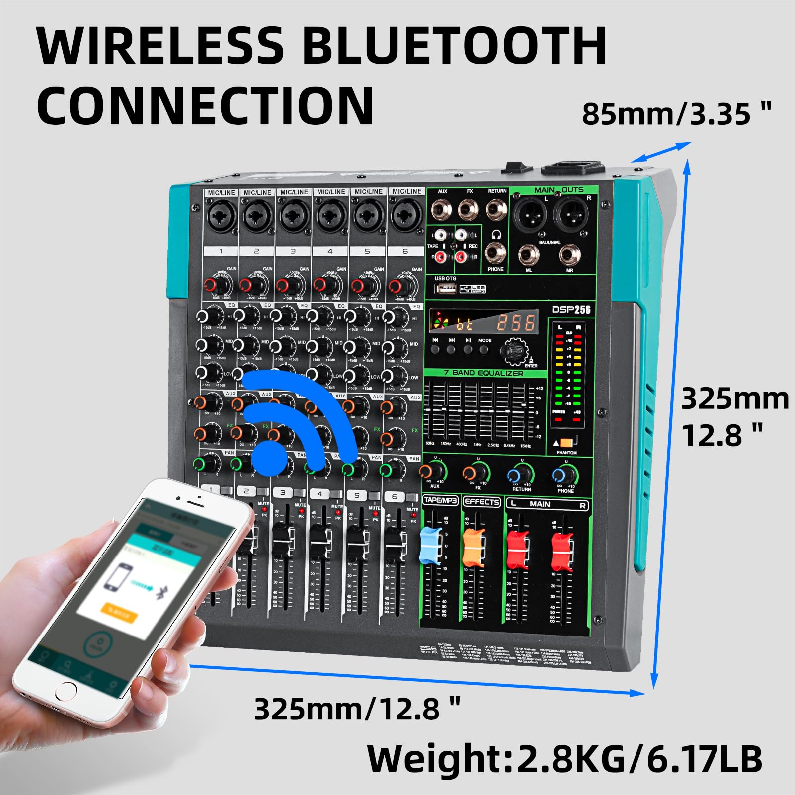 Depusheng PA6 profesjonalny mikser audio DJ, wejście 6-kanałowe, zintegrowane 256 rodzajów efektów DPS, obsługuje zasilanie fantomowe 48 V, USB, Bluetooth, nagrywanie na komputerze MP3