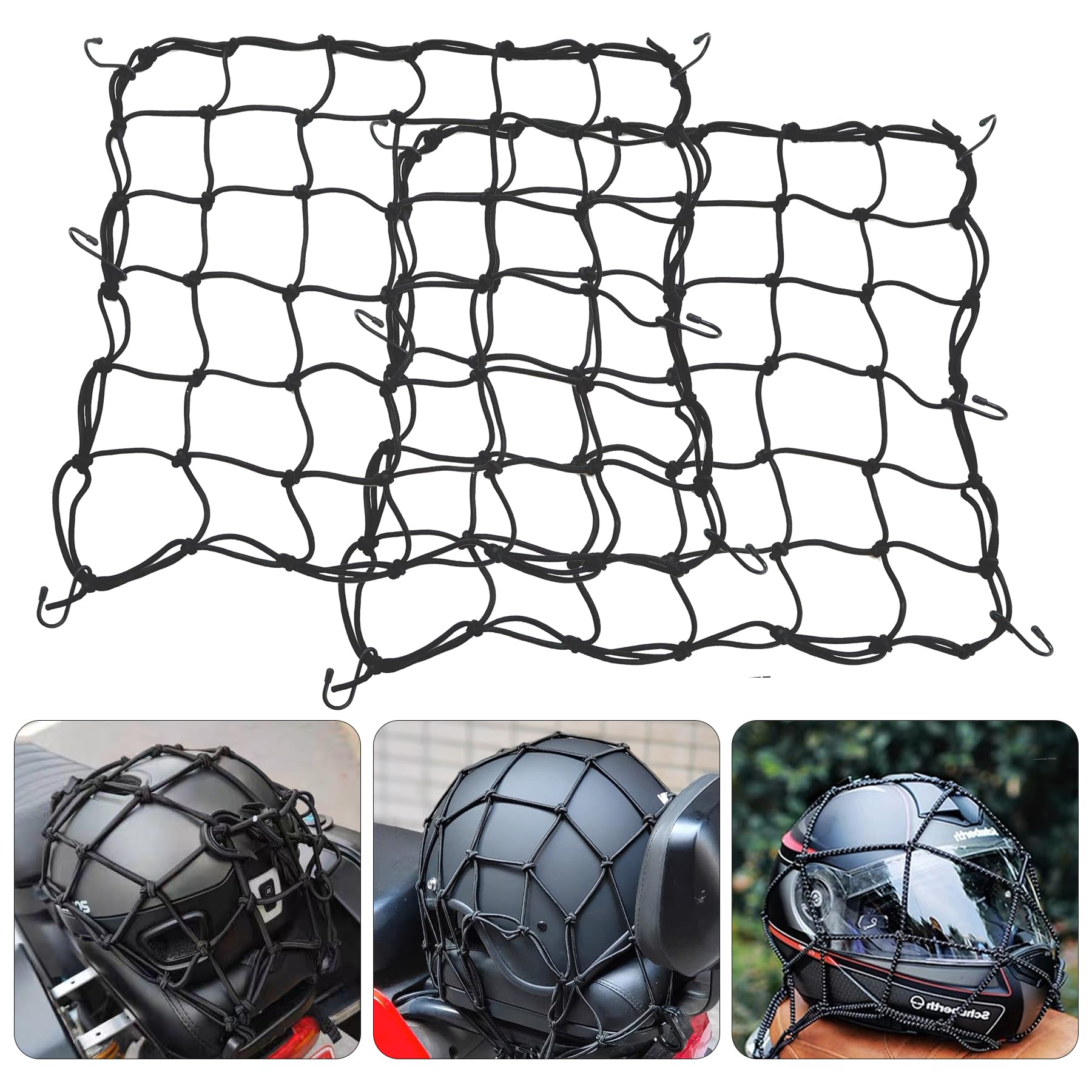Amiss 2 Packs 15"x15" Elastic Motorcycle Cargo Net, Heavy Duty Bungee Net with 6 Adjustable Plastic Hooks, Luggage Thicken Netting with 2"x2" Small Mesh, Fit for SUV, Motorcycle, ATV, Bike - Black