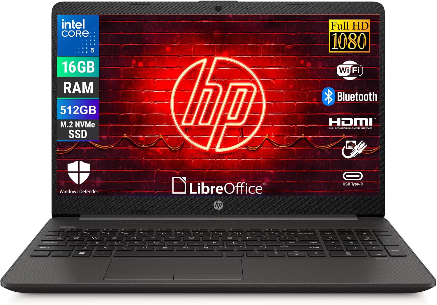 HP 250R G9, Computer Portatile Notebook, Intel 5-120u 10 Core 1.4Ghz, Display 15.6'' FHD, Ram 16GB, SSD 512GB, Windows 11, Pronto all'uso con Libre Office
