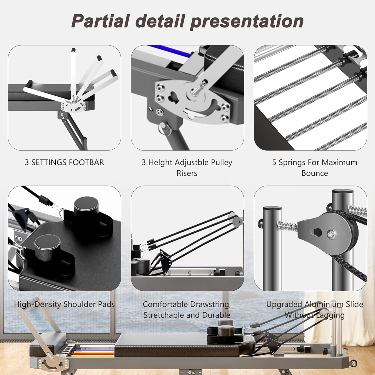 Foldable Pilates Core Bed - Reformer Pilates Machine for Home & Studio Use, 330.5 lbs Weight Capacity, Smooth Glide Rails, Dual Resistance with 5 Elastic Bands, High-Density Cushion,