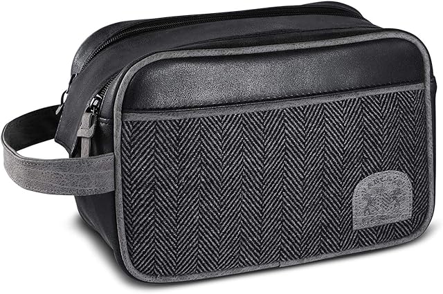 Travel Toiletry Bag for Men Vancase PU Leather Dopp Kit Shaving Bags Portable Bathroom Organizer with Large Compartment (Black)
