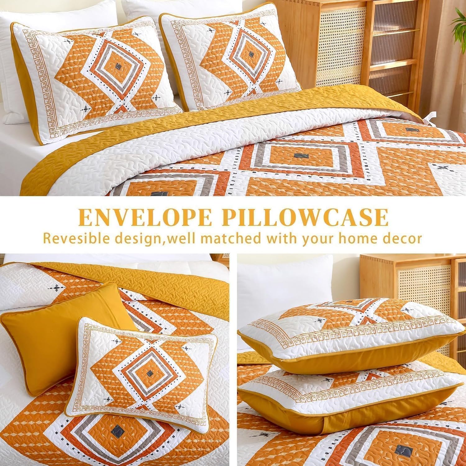 Boho Quilt Set King Size, Aztec Texture Coverlet Burnt Orange Bedspread Bohemian Bed Cover,Western Coverlet Microfiber Soft Lightweight Bedding Sets for All Seasons (106"×92") - Image 4