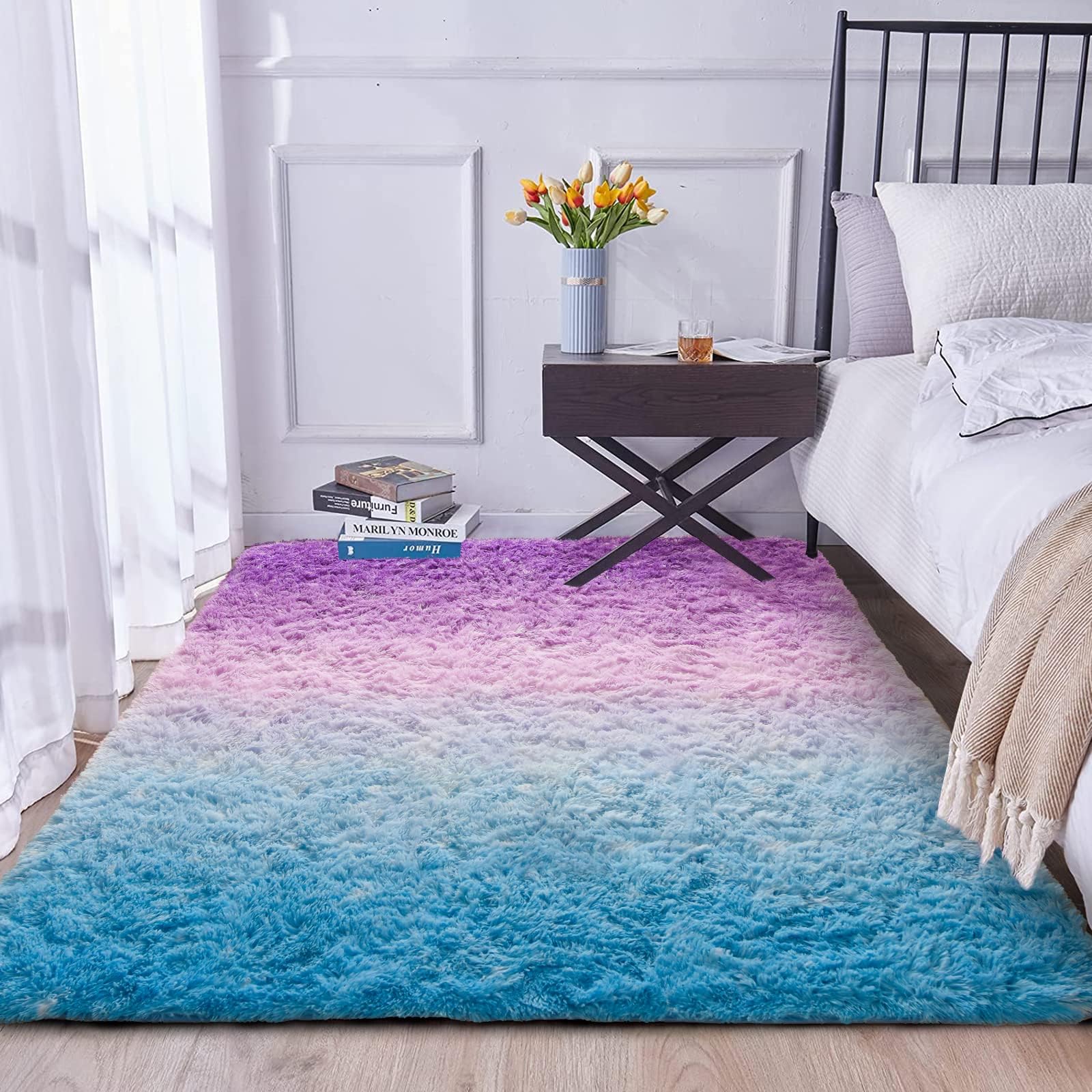A Nice Night Shaggy Fluffy Faux Fur Area Rug, BluePurple Tie Dye Star Glitter Printed,Soft, Luxurious Carpet Rugs for Nursery Rug, Bedroom, Living Room,3'X5'
