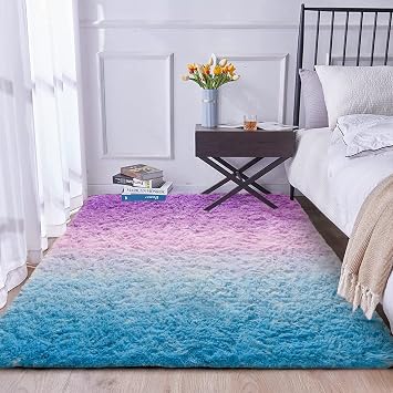 A Nice Night Shaggy Fluffy Faux Fur Area Rug, BluePurple Tie Dye Star Glitter Printed,Soft, Luxurious Carpet Rugs for Nursery Rug, Bedroom, Living Room,3X5