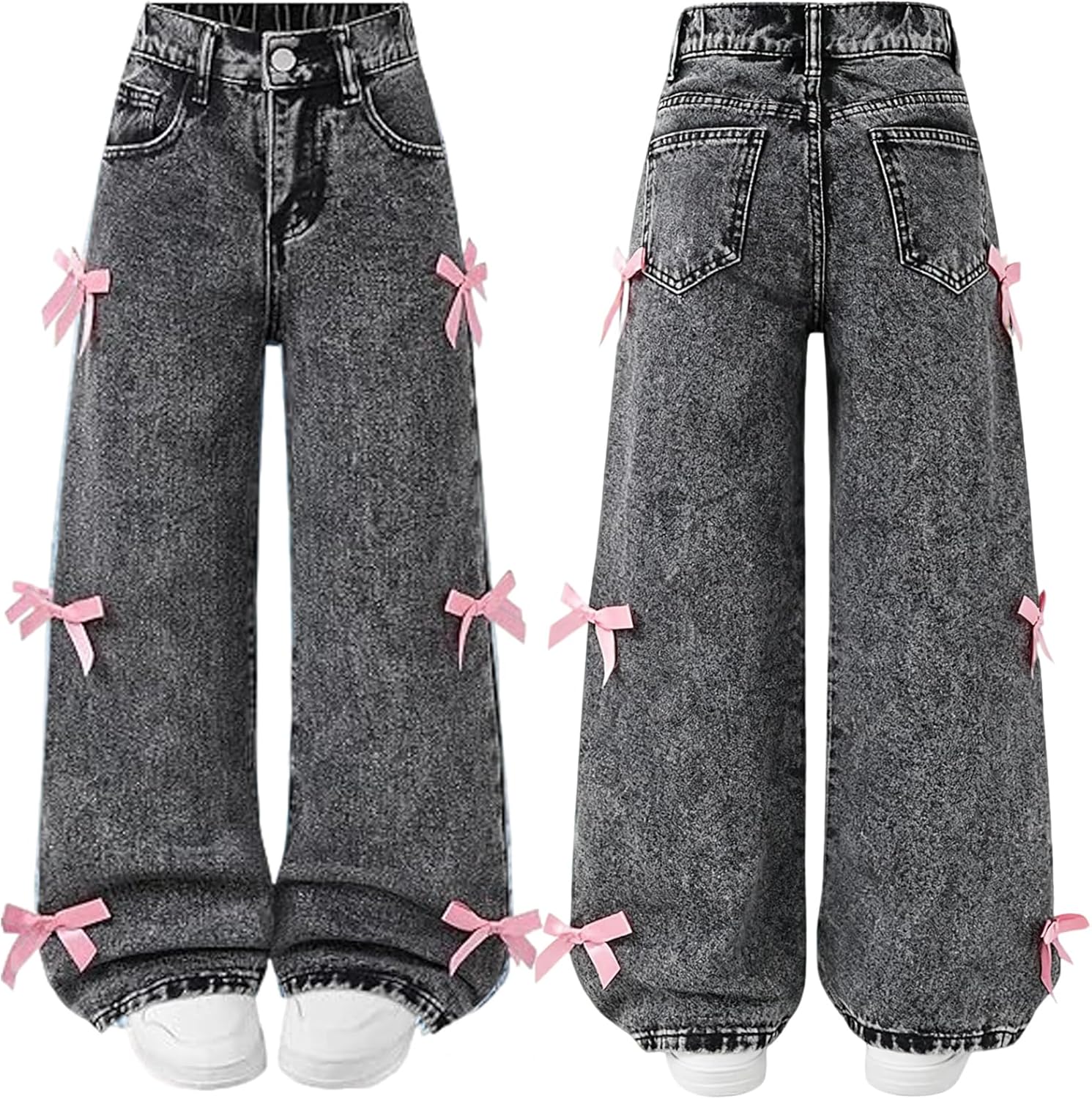 Cute Bow Jeans for Girls Baggy Kids Wide Leg Denim Pants High Elastic Waisted Y2K Boyfriend Skater Streetwear 6-14Y