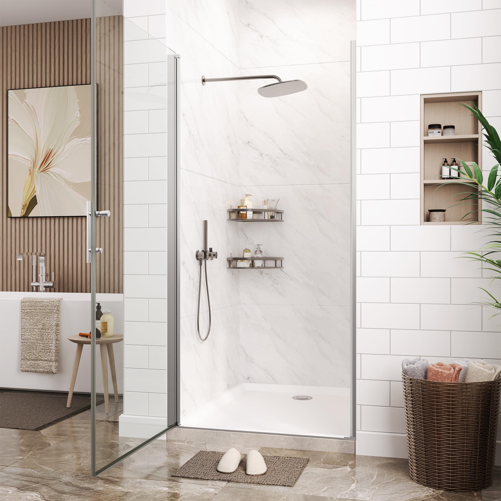72x34 inch Framed Shower Door – Glass Shower Door, Single Pivot Shower Glass Door, Aluminum, 6mm Tempered Glass, Brushed Silver, Easy-Clean